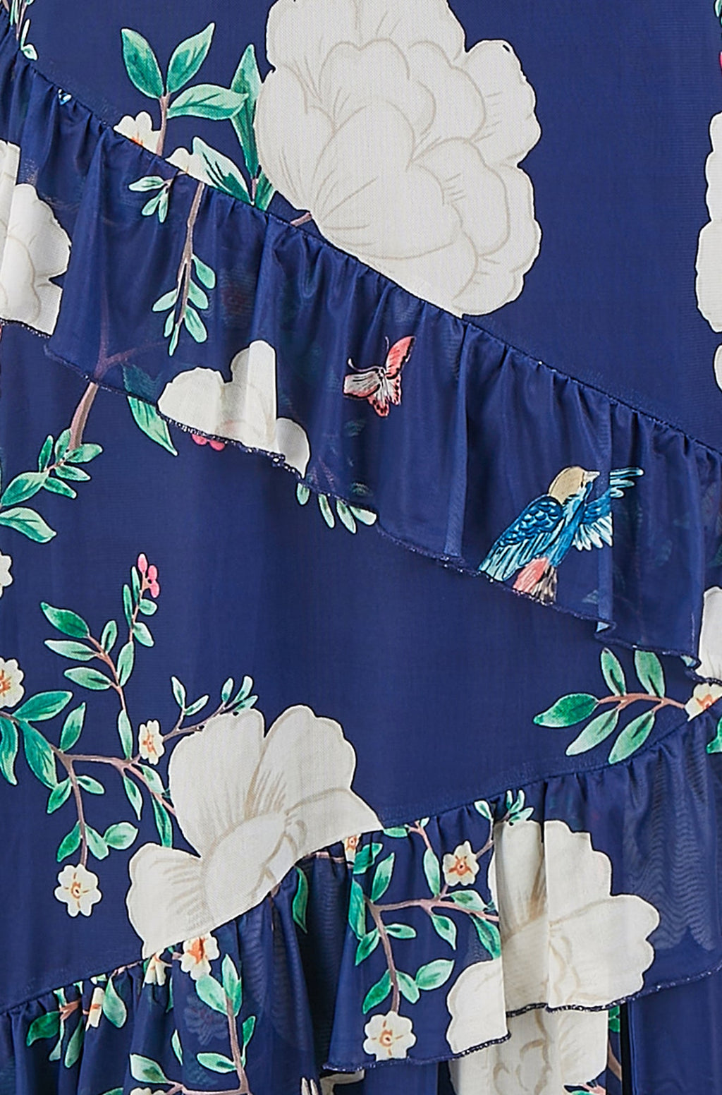 Yumi Navy Mesh Bird And Floral Print Midi Dress With Ruffles