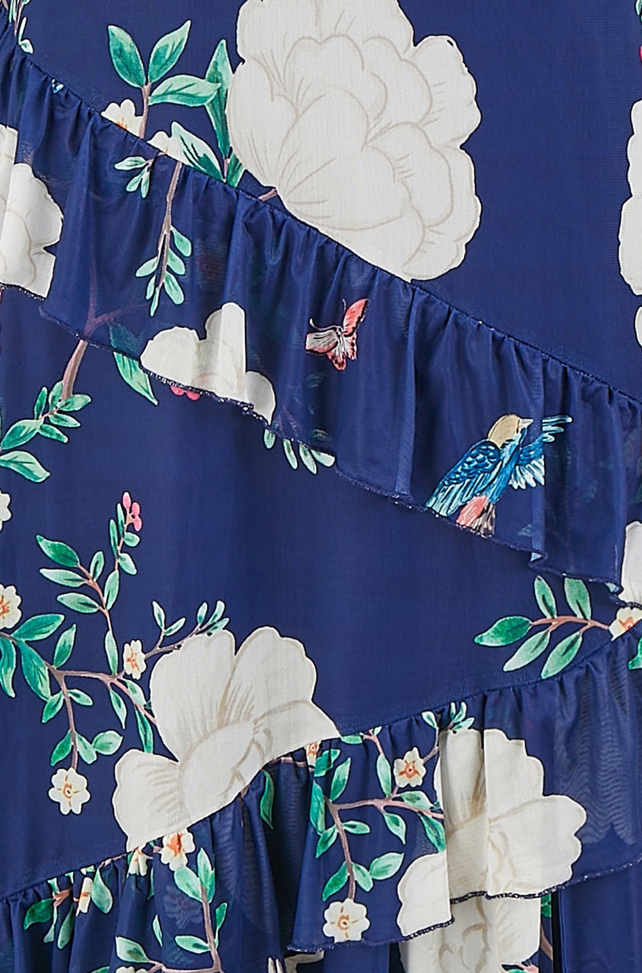 Yumi Navy Mesh Bird And Floral Print Midi Dress With Ruffles