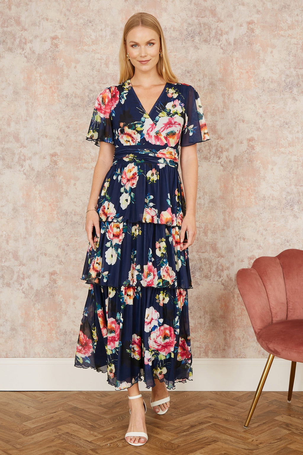 Yumi Navy Floral Mesh Tiered Maxi Dress