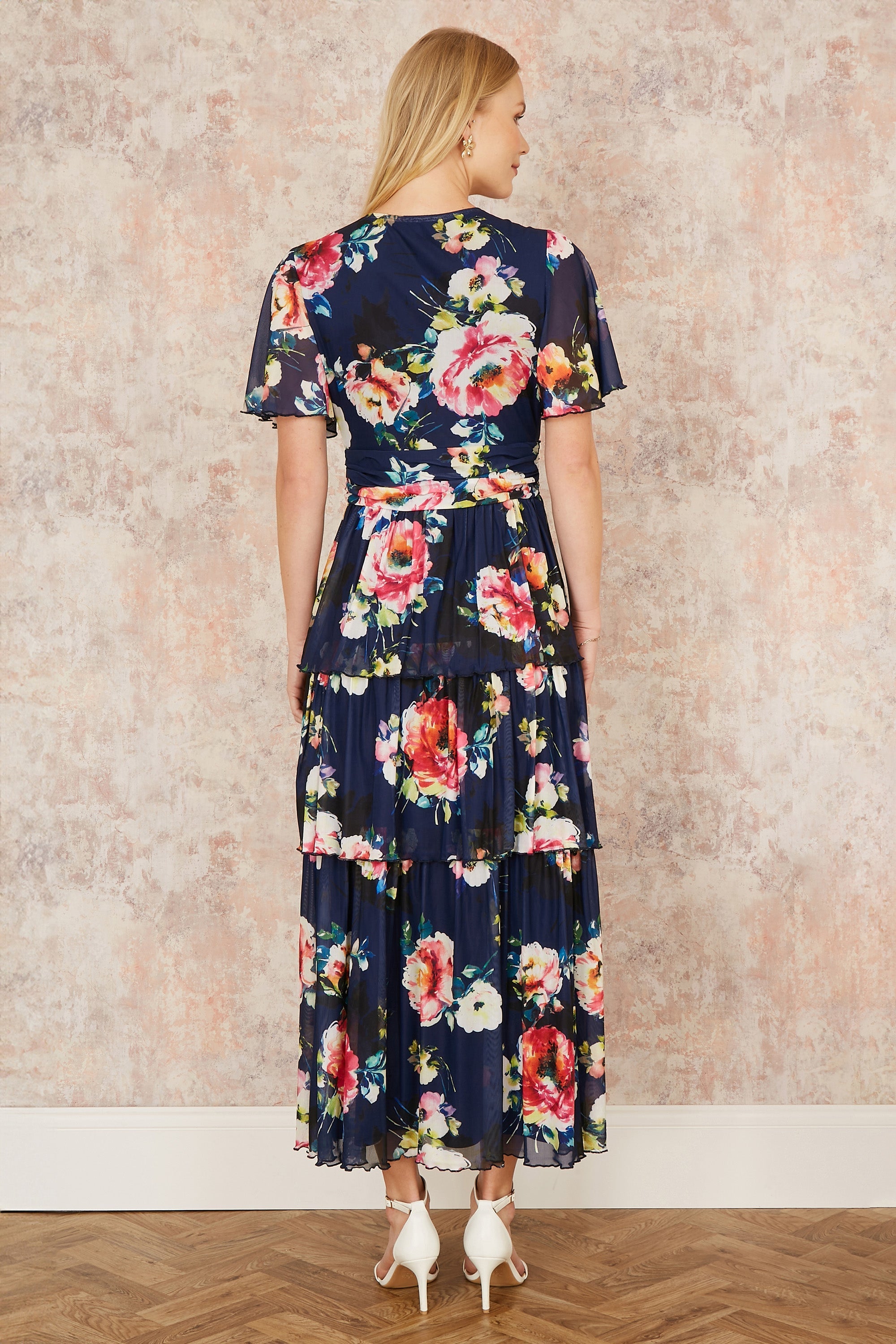 Yumi Navy Floral Mesh Tiered Maxi Dress