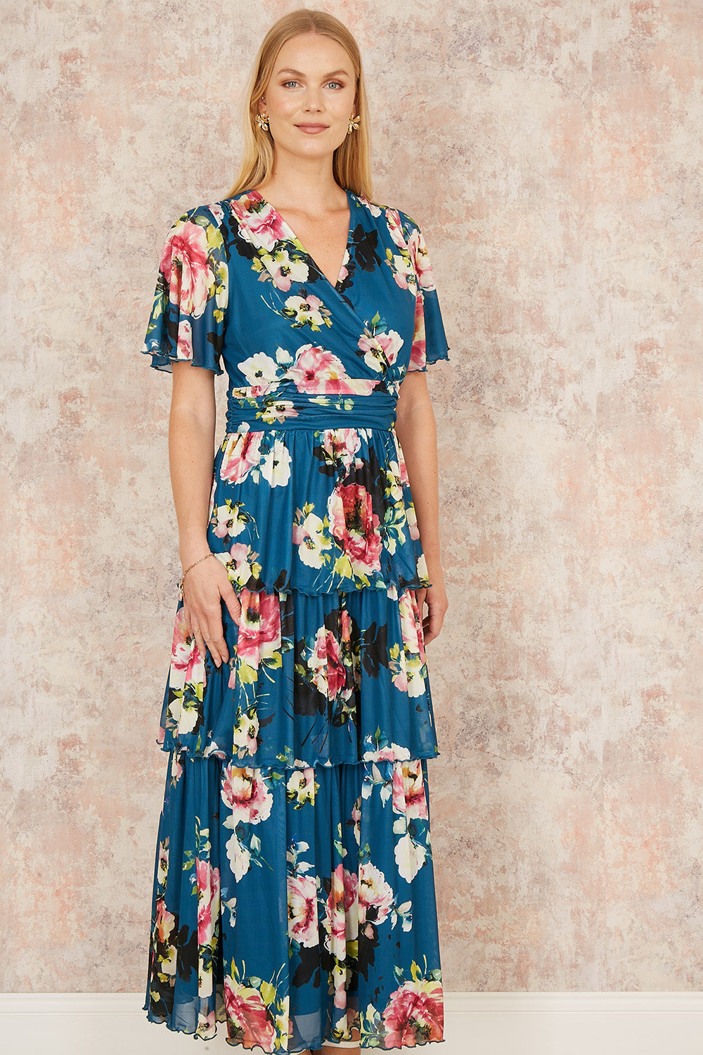 Yumi Green Floral Mesh Tiered Maxi Dress