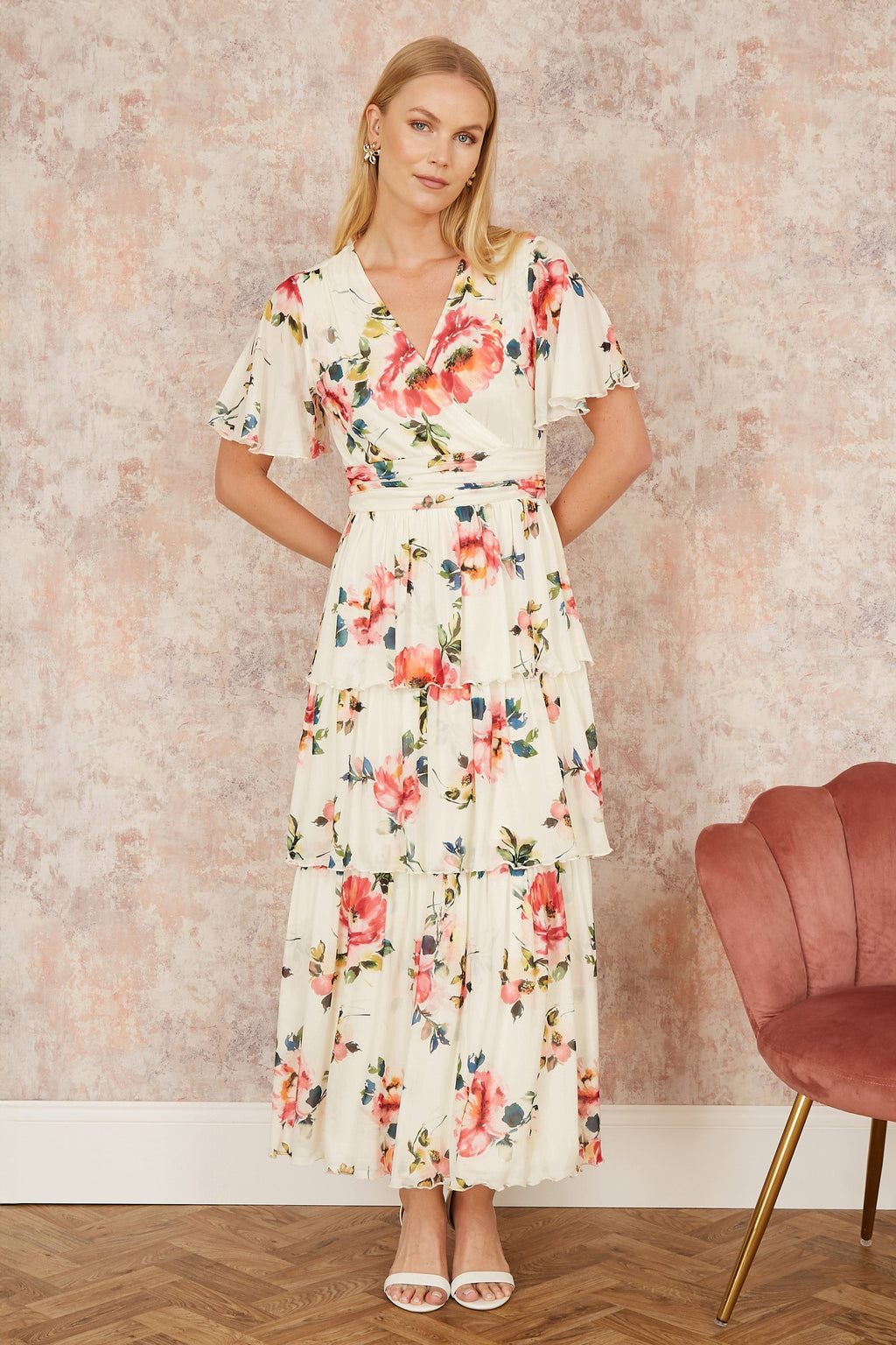 Yumi Ivory Floral Mesh Tiered Maxi Dress