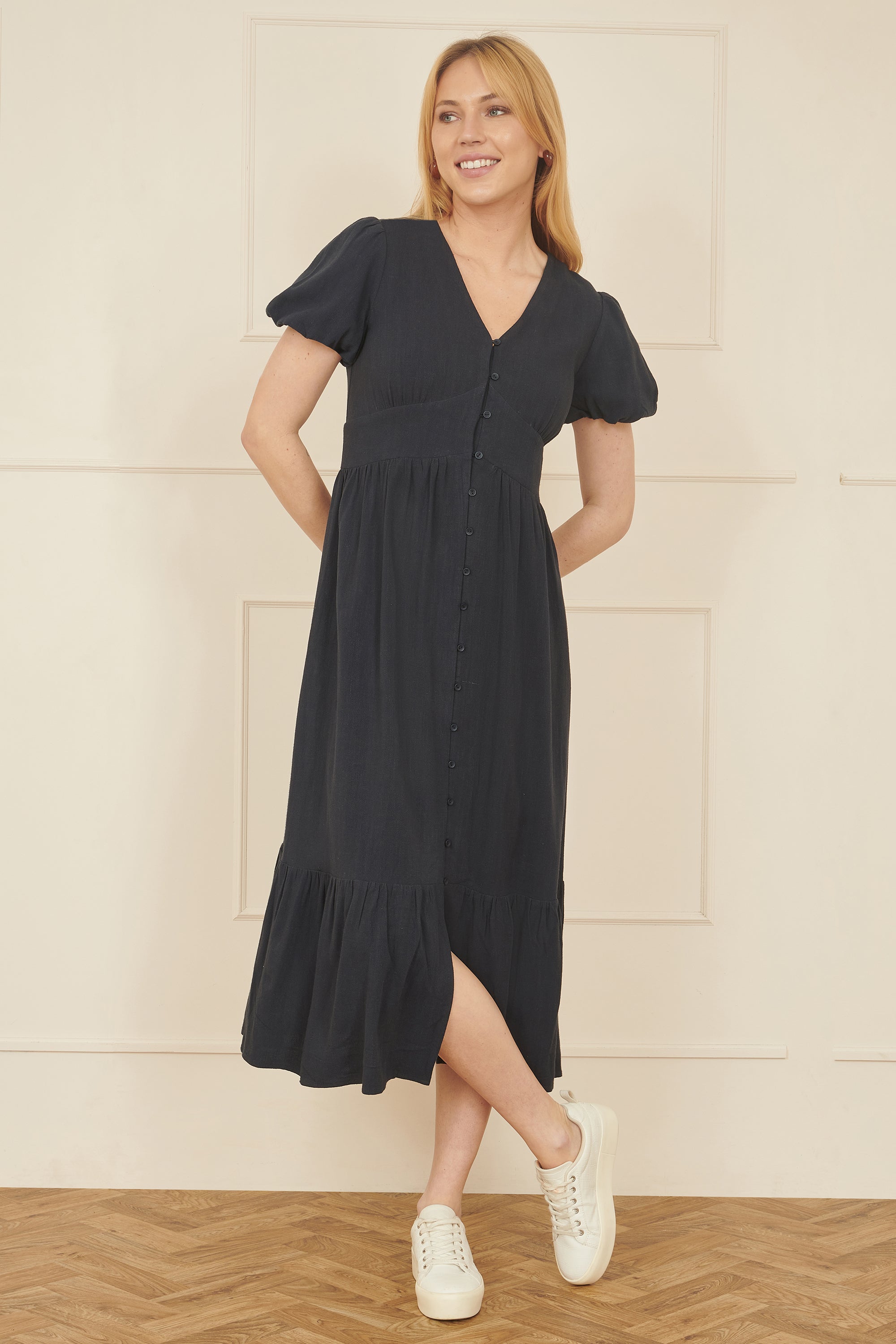 Yumi Navy Viscose Button Through Midi Dress