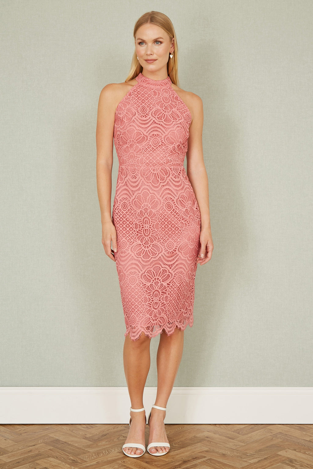 Yumi Pink Lace Halter Neck Dress