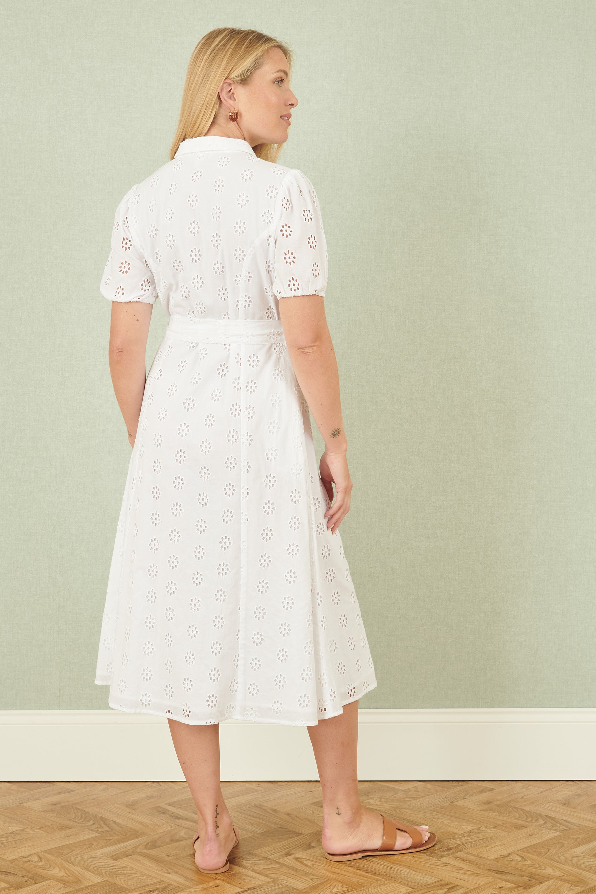 Yumi White Cotton Broderie Anglaise Midi Shirt Dress