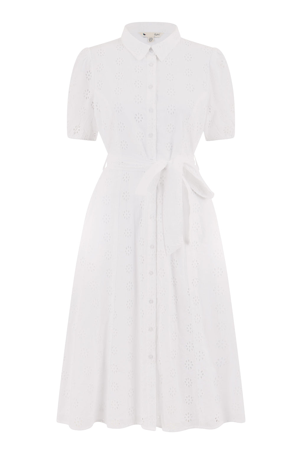 Yumi White Cotton Broderie Anglaise Midi Shirt Dress