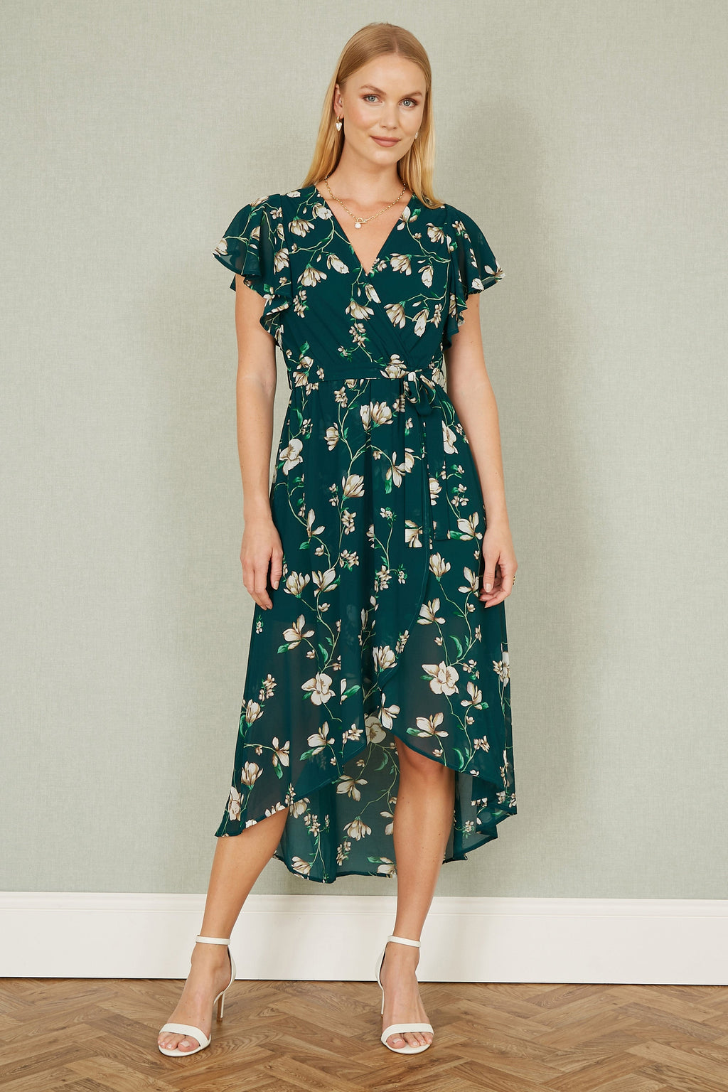Yumi Green Floral Wrap Midi Dress With Frill Hem