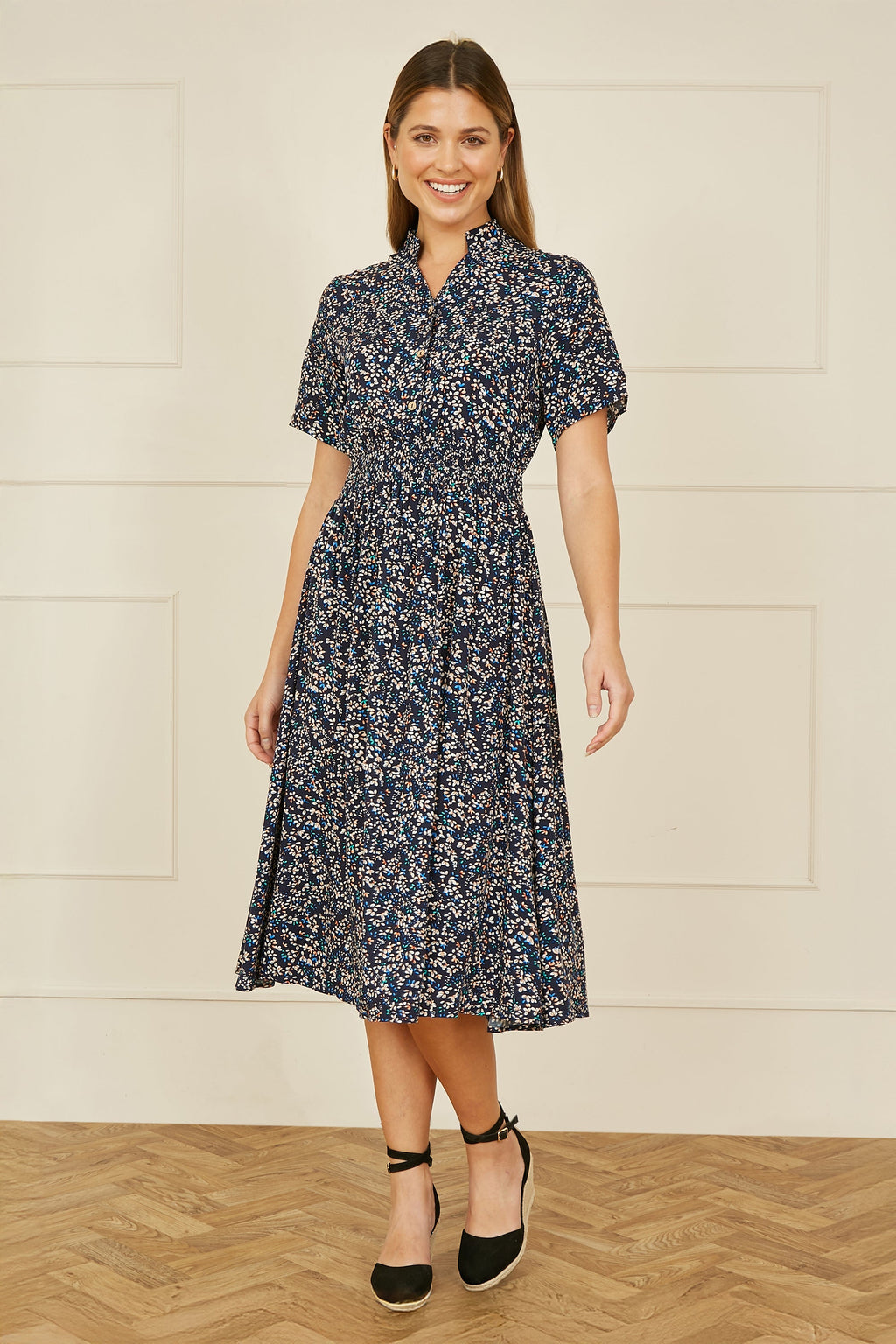Yumi Navy Ditsy Print Ruched Waist Button Down Midi Dress