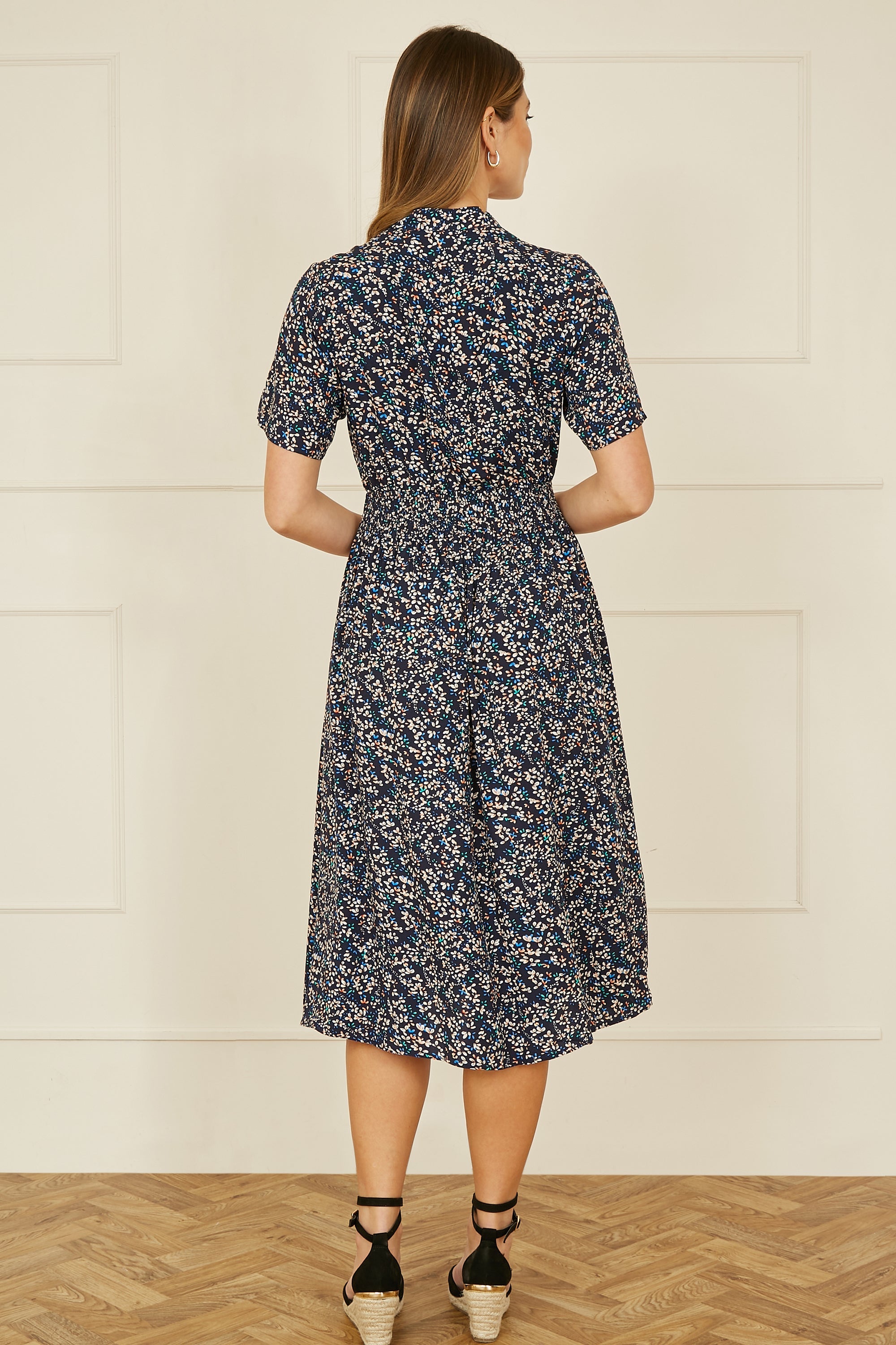 Yumi Navy Ditsy Print Ruched Waist Button Down Midi Dress
