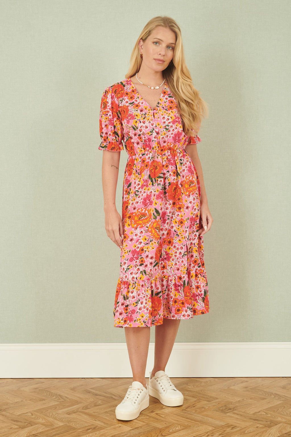 Yumi Pink Floral Midi Dress With Frill Hem and Puff Sleeves