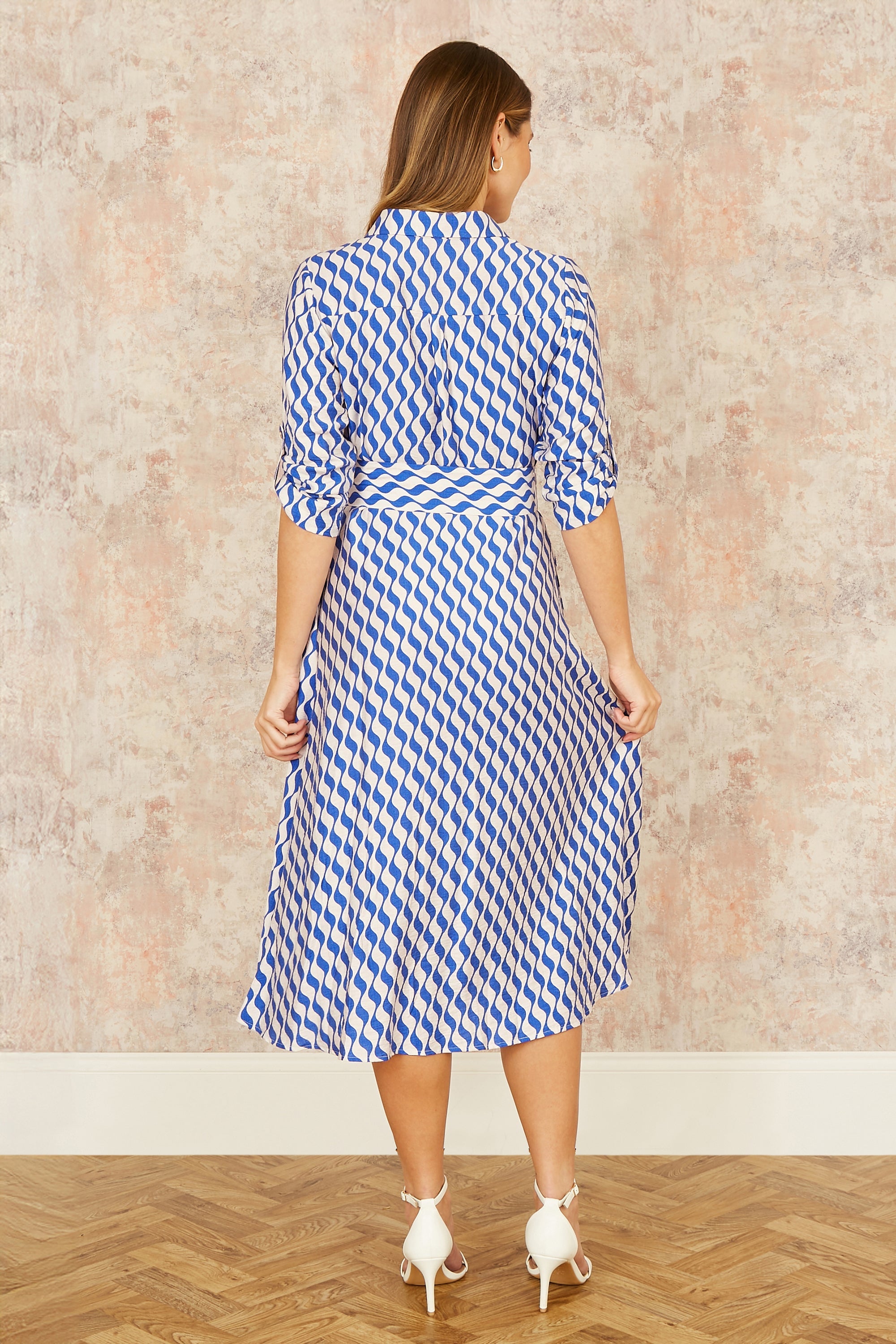 Yumi Blue Geo Swirl Print Midi Shirt Dress