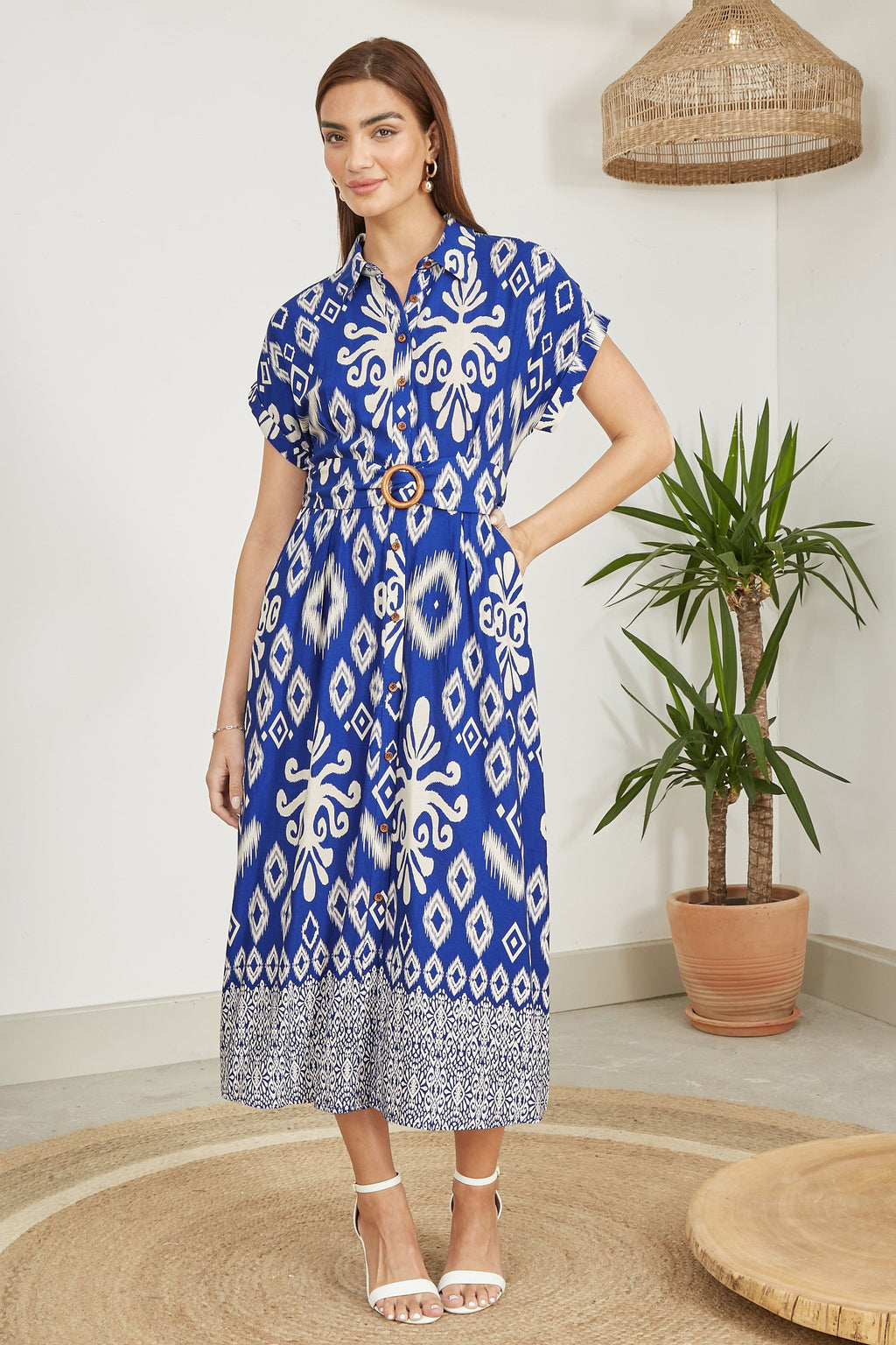 Yumi Blue Abstract Geo Print Relaxed Midi Shirt Dress With Belt