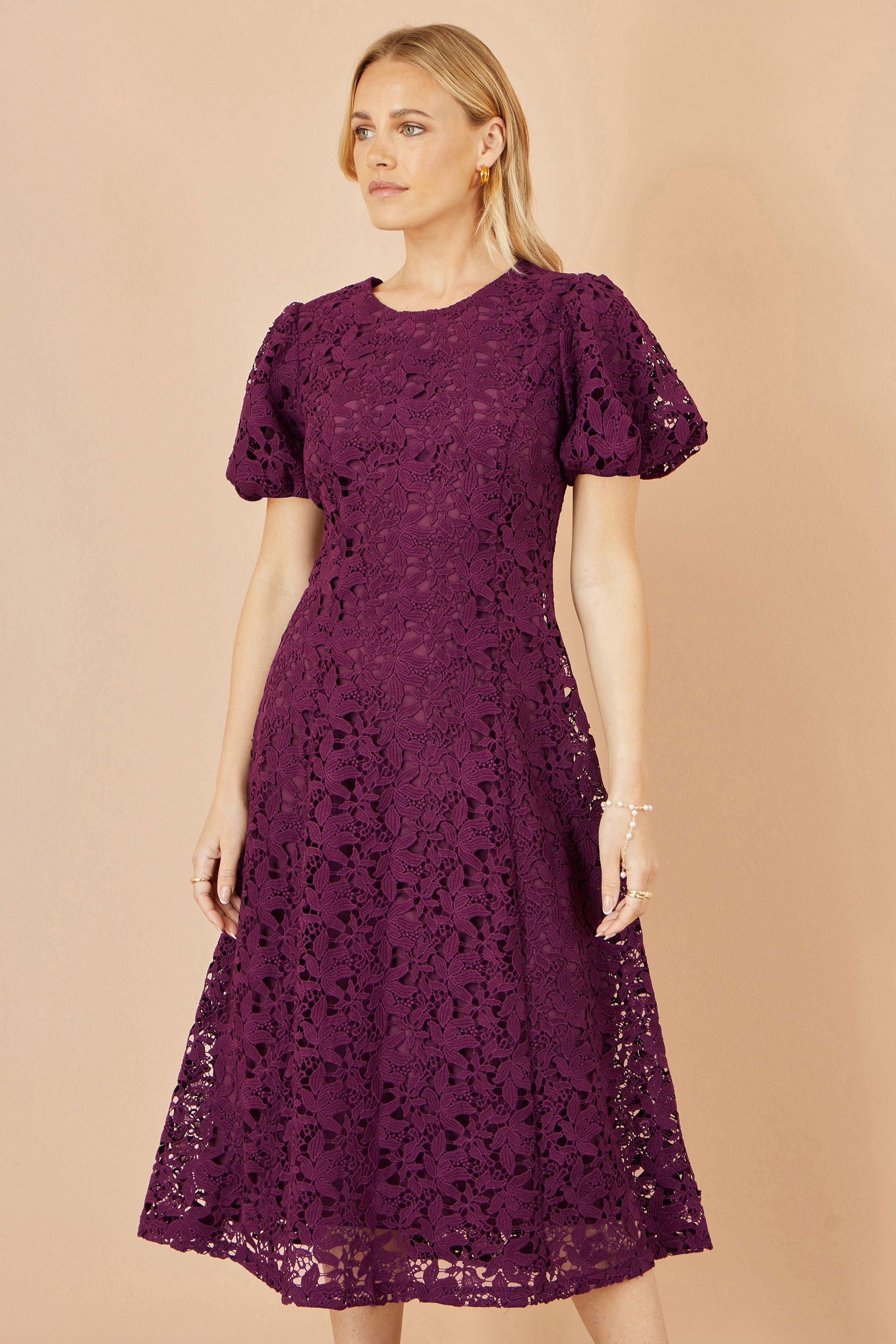 Yumi Burgundy Lace Midi Skater Dress