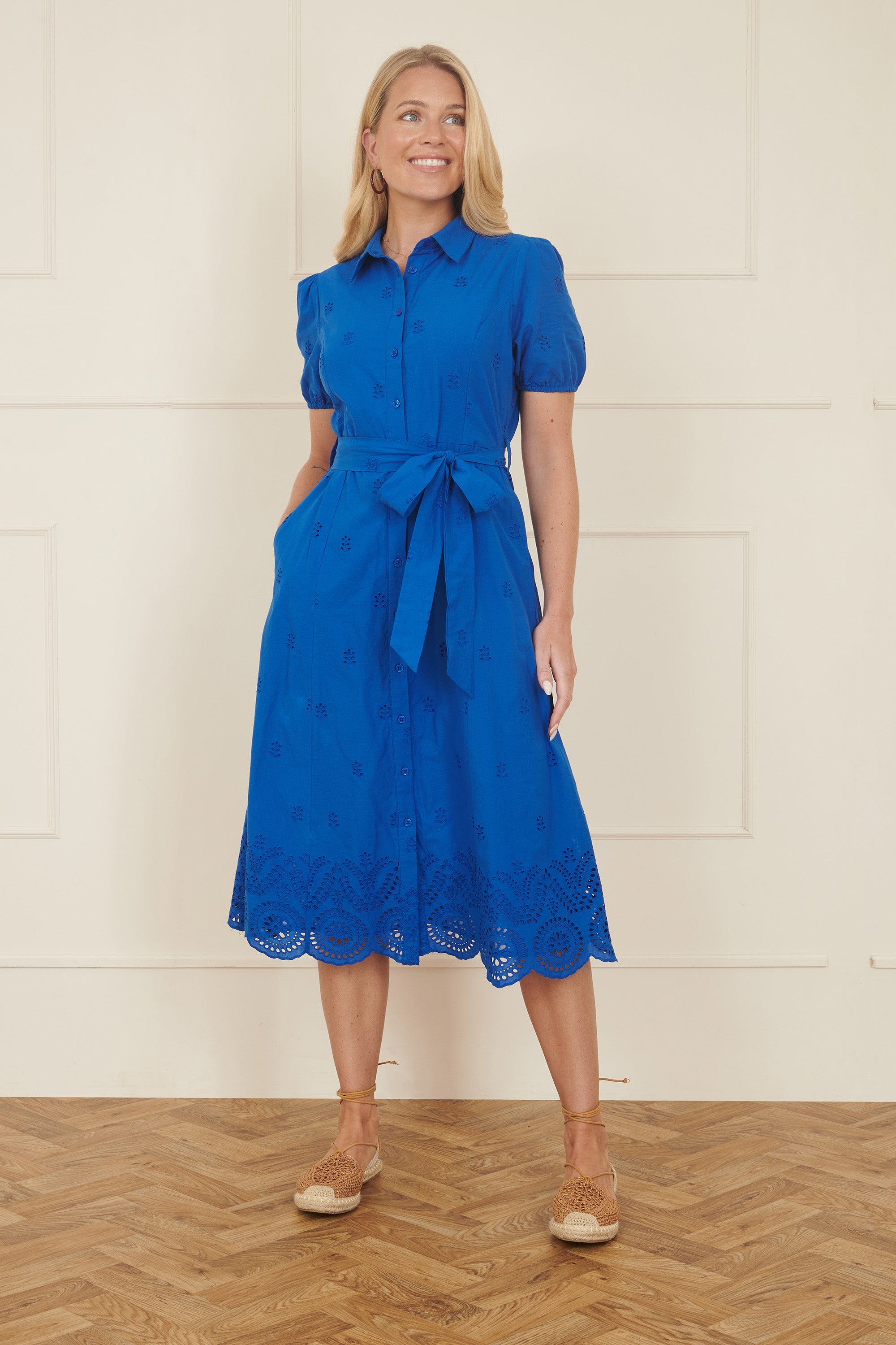 Yumi Blue Cotton Shirt Midi Dress With Cut Out Details