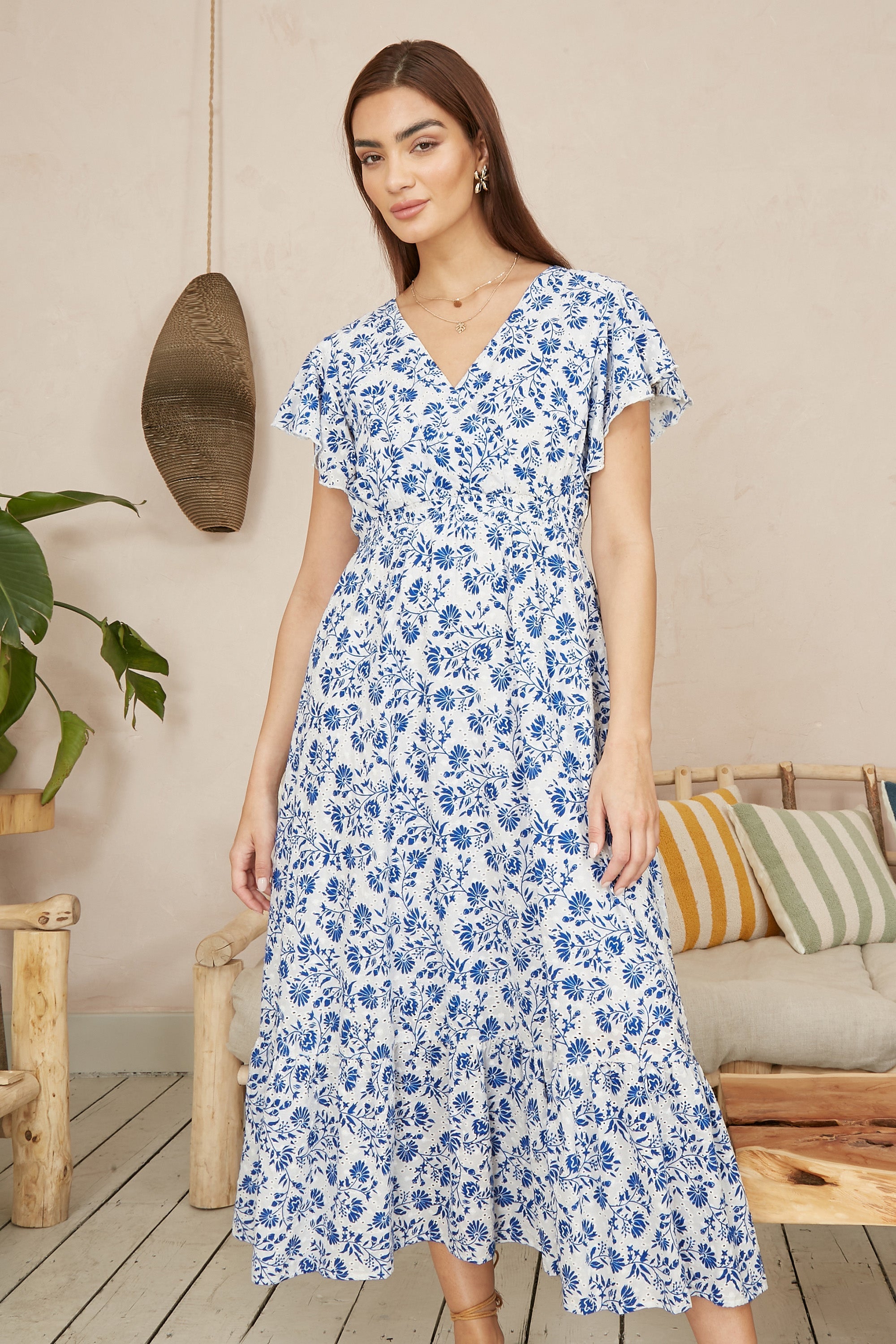 Yumi Blue Floral Printed Broderie Anglaise Ruched Waist Midi Dress