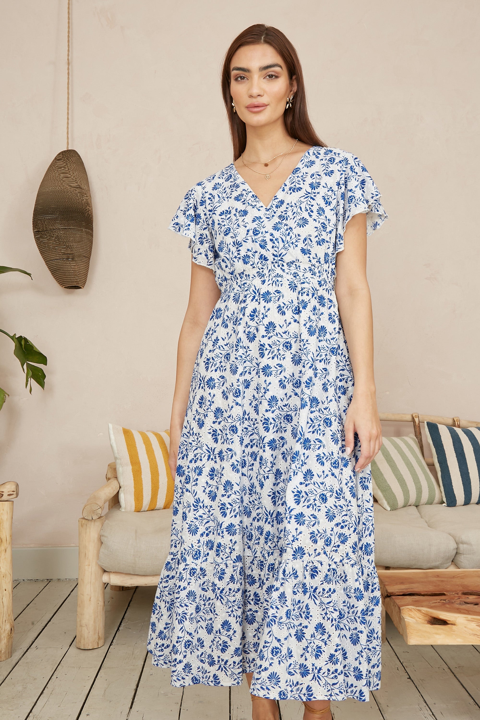 Yumi Blue Floral Printed Broderie Anglaise Ruched Waist Midi Dress