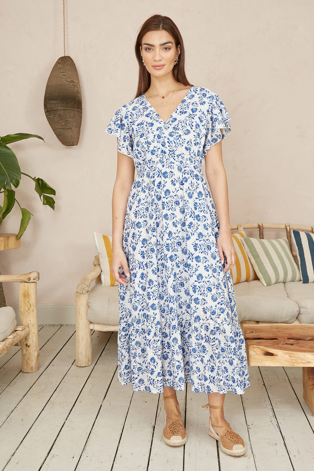 Yumi Blue Floral Printed Broderie Anglaise Ruched Waist Midi Dress