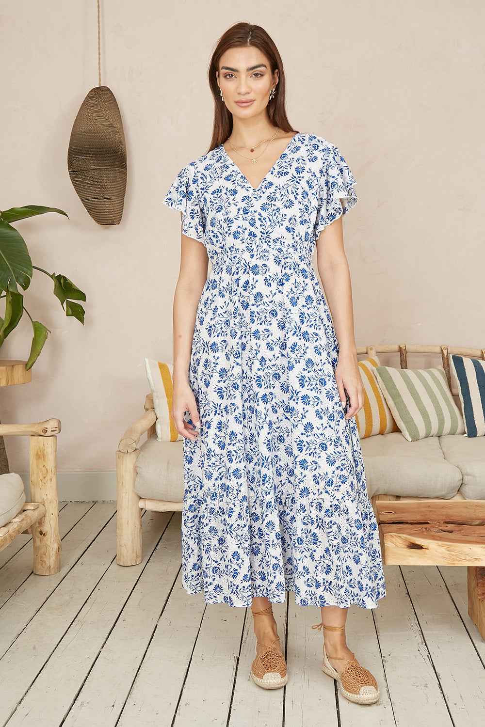 Yumi Blue Floral Printed Broderie Anglaise Ruched Waist Midi Dress