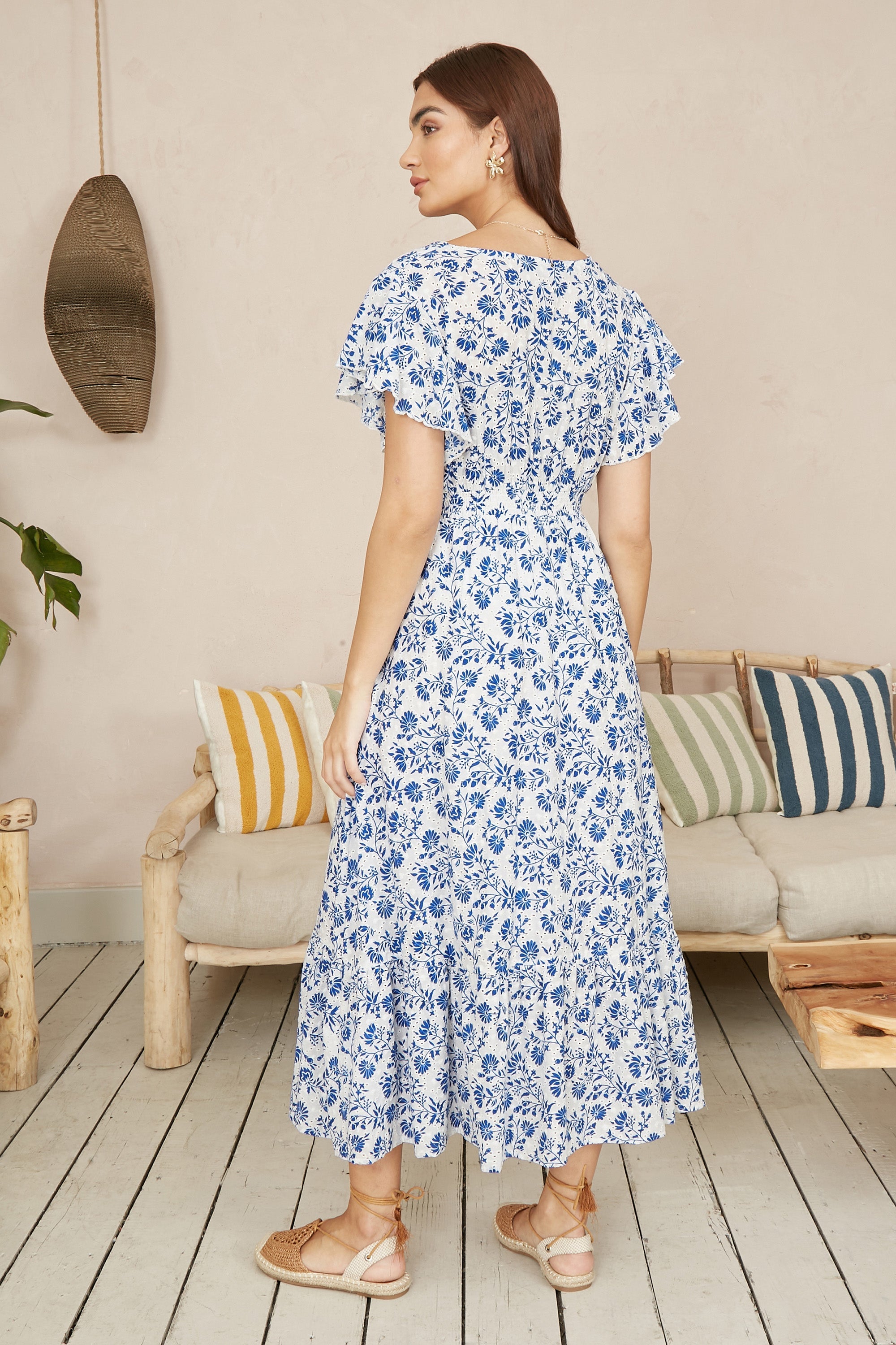 Yumi Blue Floral Printed Broderie Anglaise Ruched Waist Midi Dress