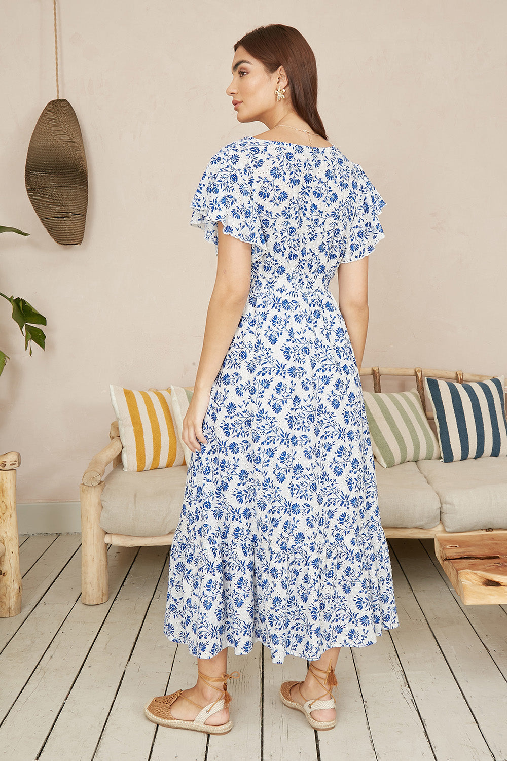 Yumi Blue Floral Printed Broderie Anglaise Ruched Waist Midi Dress