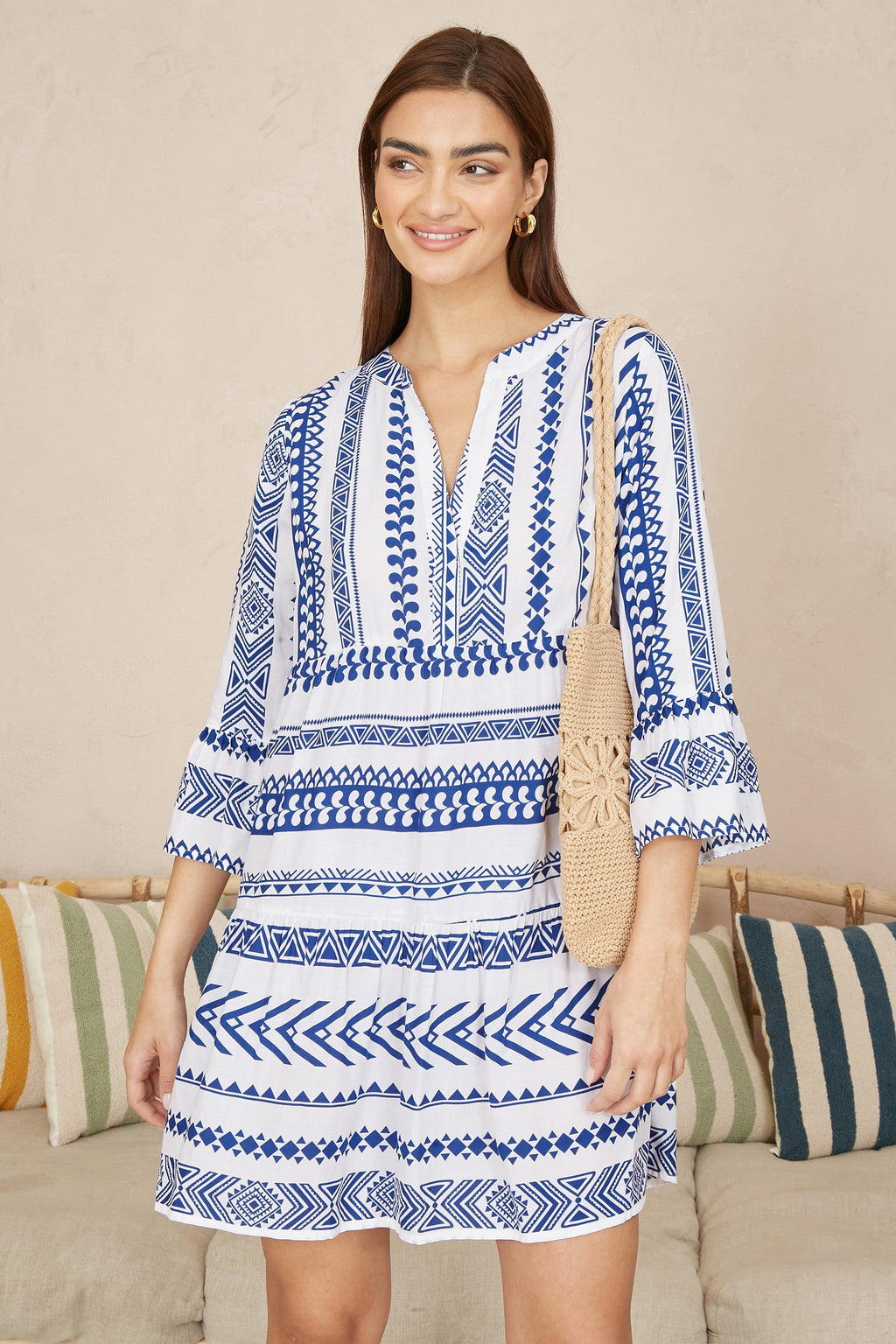 Yumi Blue Geo Stripe Print Beach Tunic