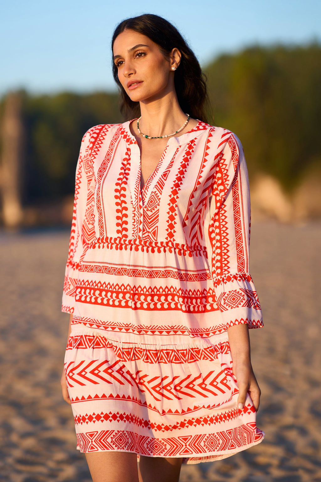 Yumi Coral Geo Stripe Print Beach Tunic