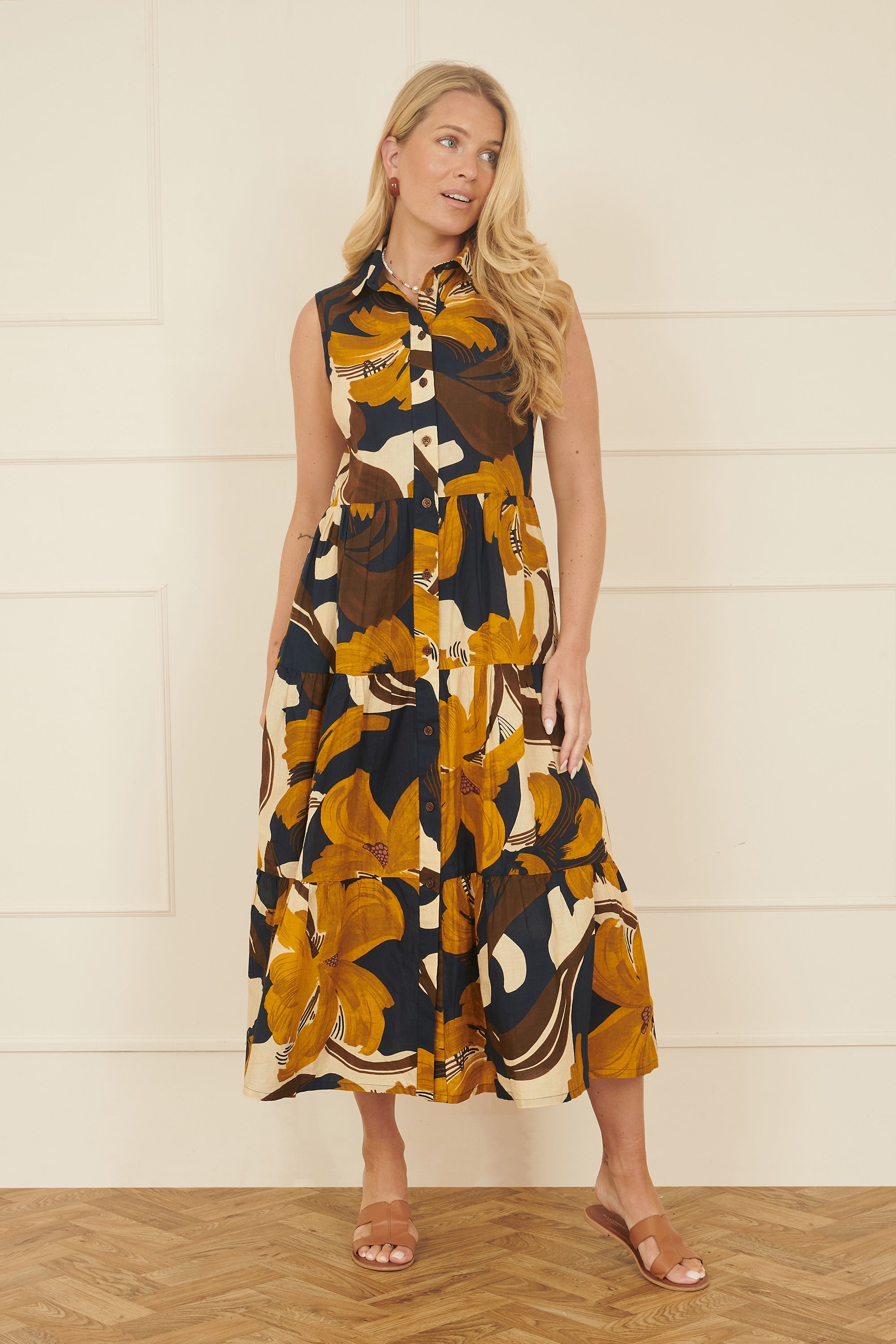 Yumi Navy Cotton Leaf Midi Sleeveless Shirt Dress