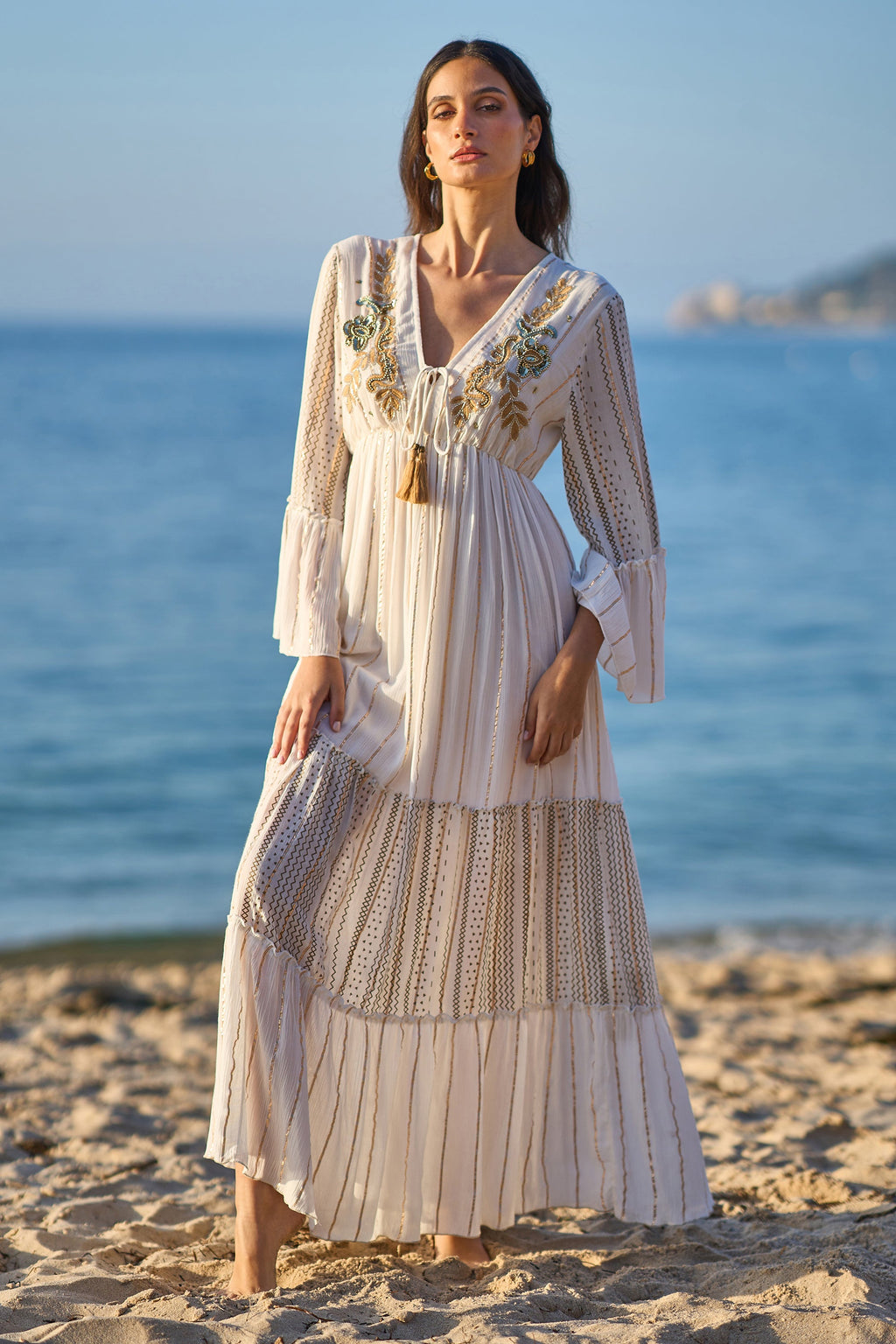 Yumi White Metallic Embellished Maxi Dress With Long Sleeves