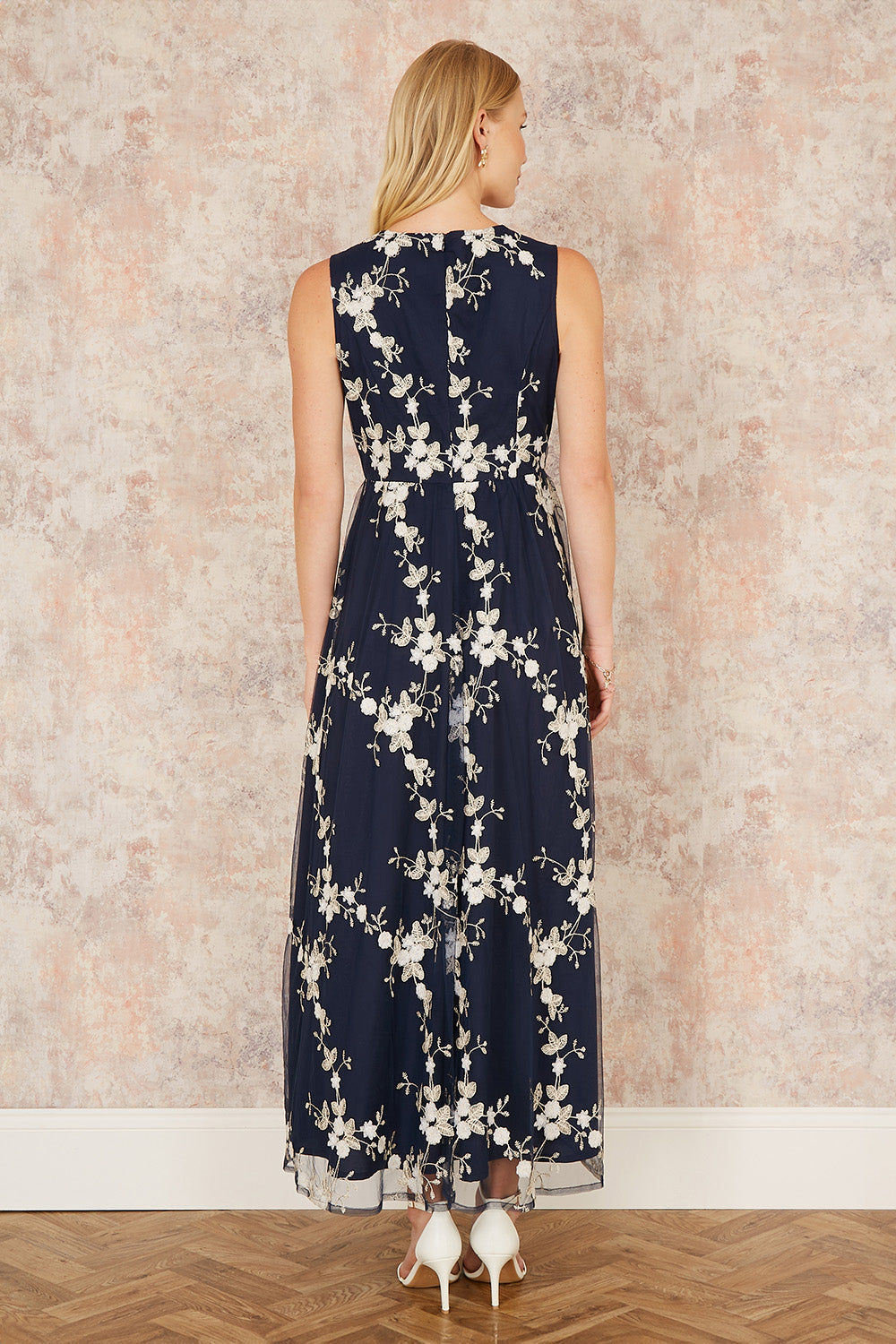 Yumi Navy Mesh Embroidered Maxi Dress