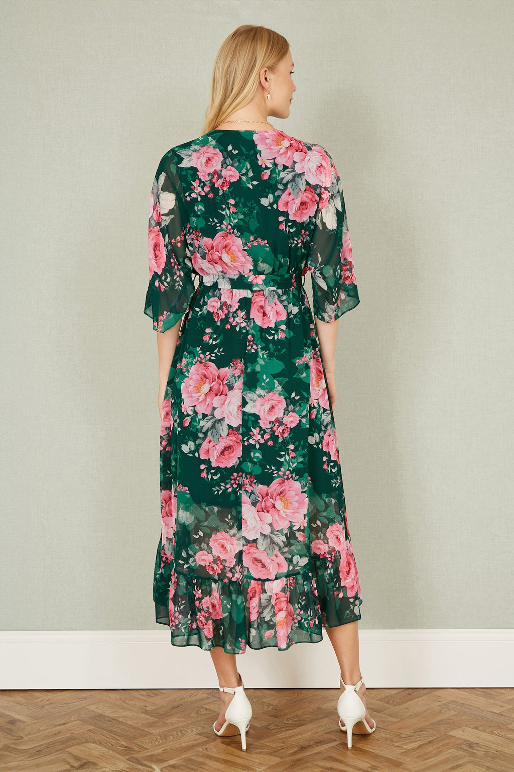 Yumi Dark Green Kimono Sleeves Midi Dip Hem Wrap Midi Dress