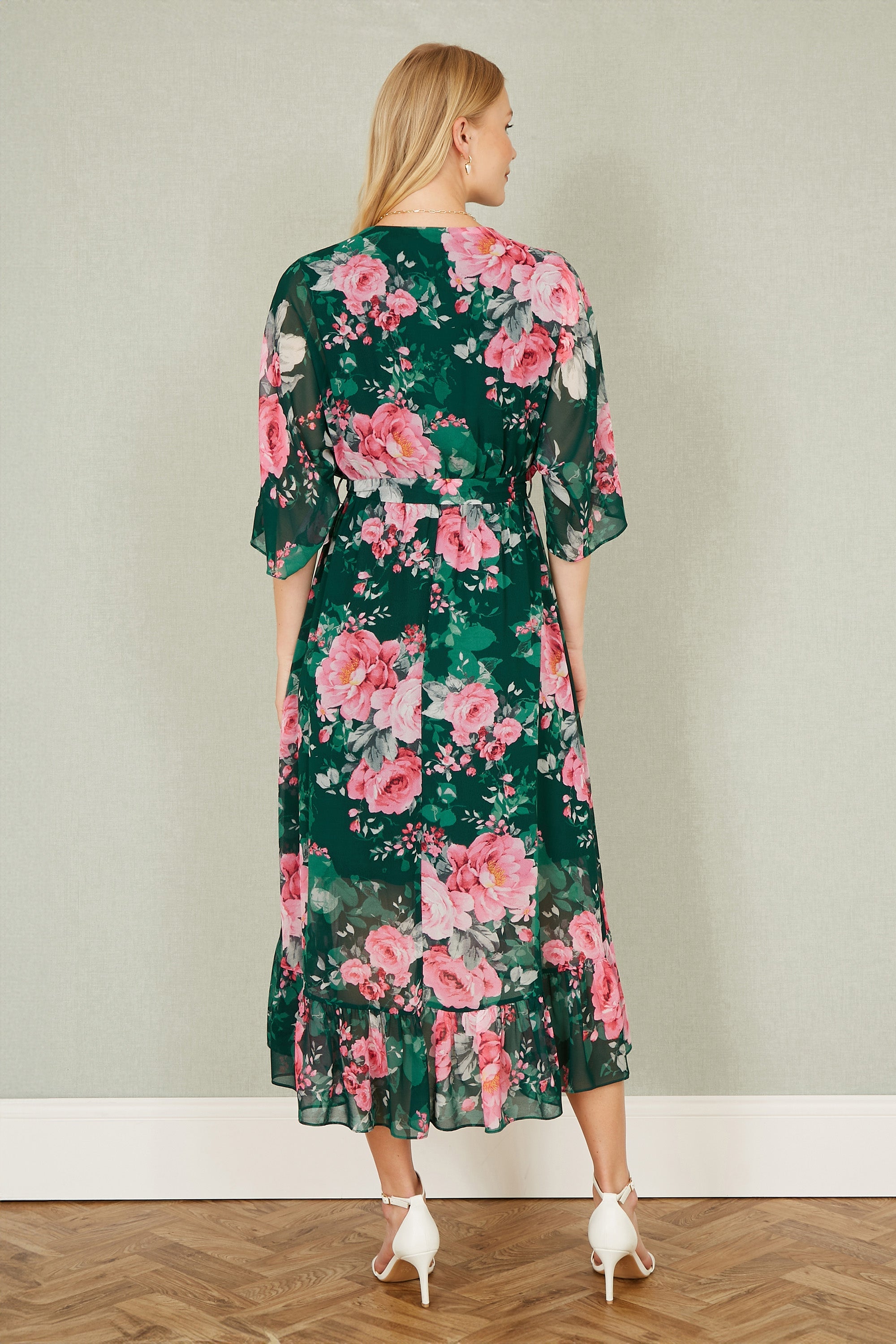 Yumi Dark Green Kimono Sleeves Midi Dip Hem Wrap Midi Dress