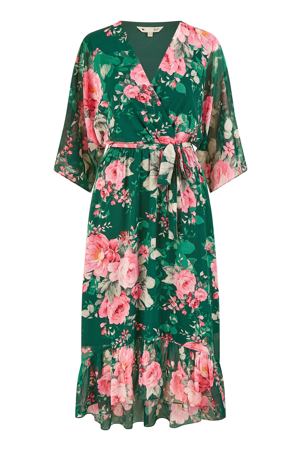 Yumi Dark Green Kimono Sleeves Midi Dip Hem Wrap Midi Dress