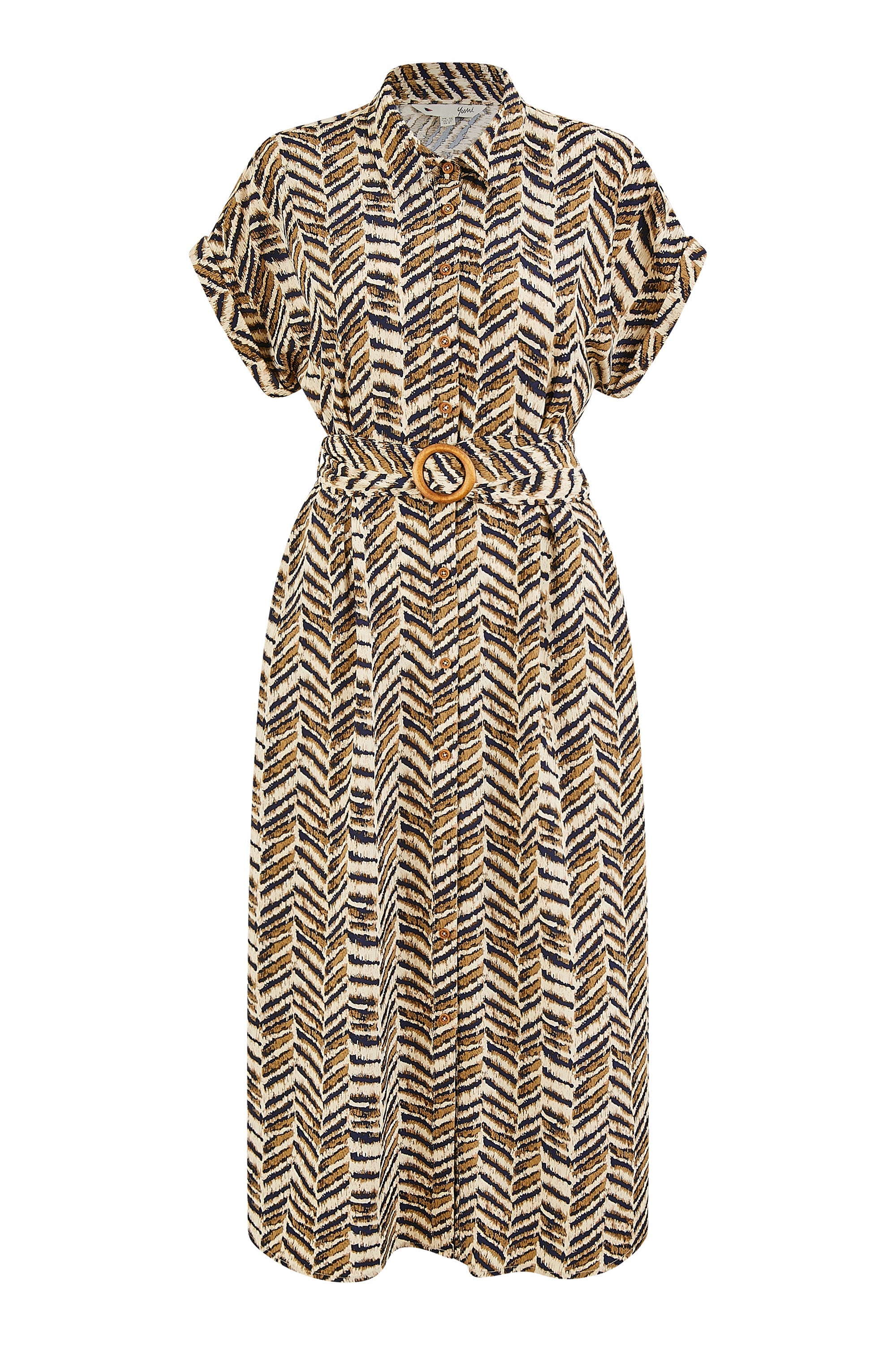 Yumi Brown Abstract Animal Print Relaxed Midi Shirt Dress With Belt