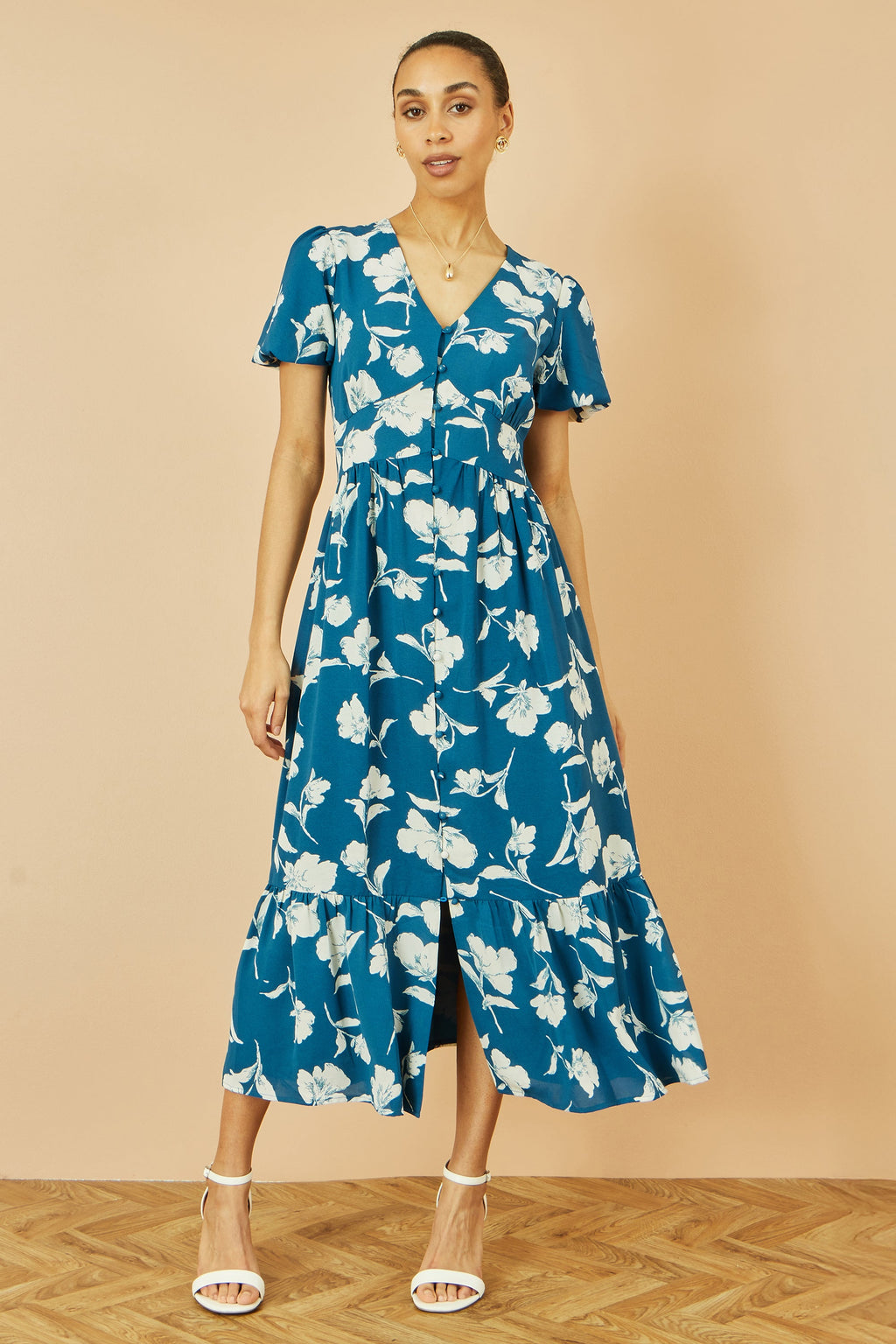 Yumi Teal Floral Button Down Floral Midi Dress