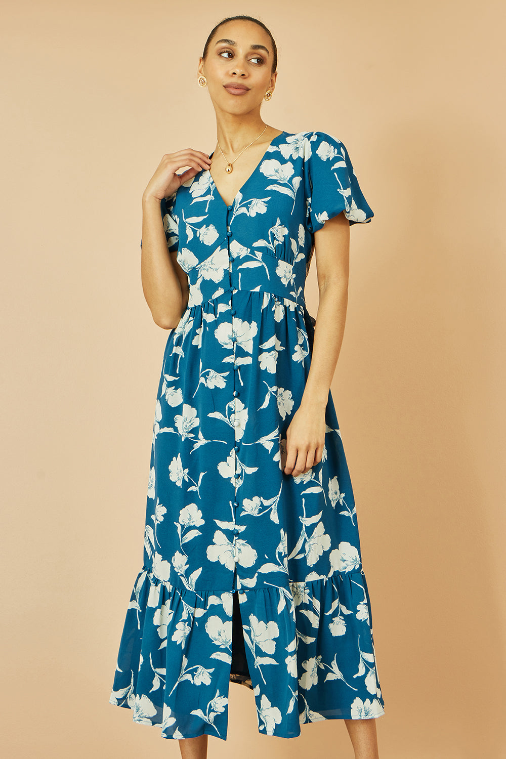 Yumi Teal Floral Button Down Floral Midi Dress
