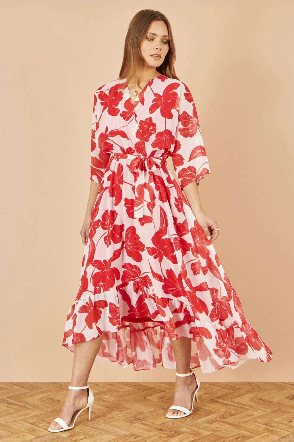 Yumi Red Kimono Sleeves Dip Hem Wrap Midi Dress