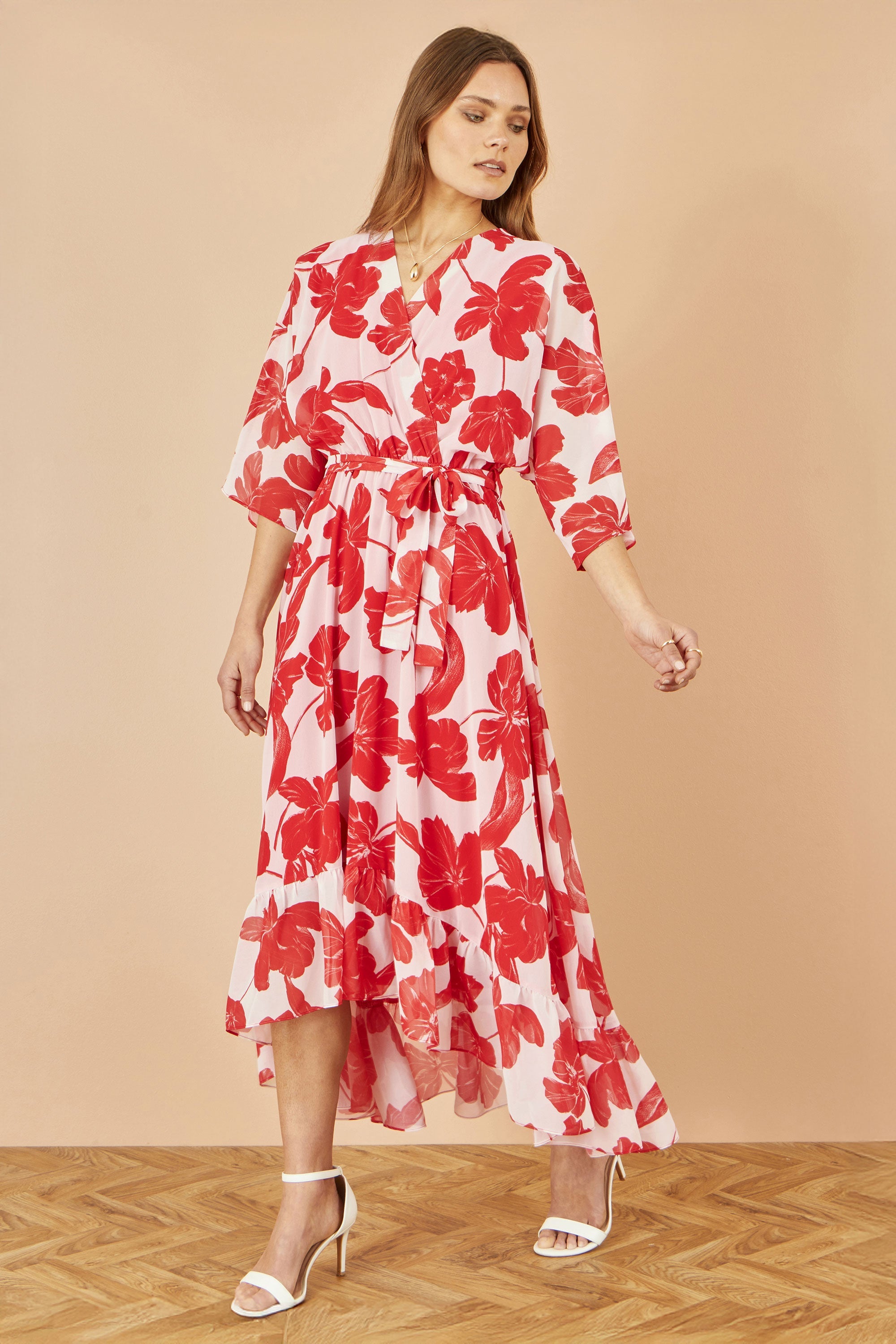 Yumi Red Kimono Sleeves Dip Hem Wrap Midi Dress