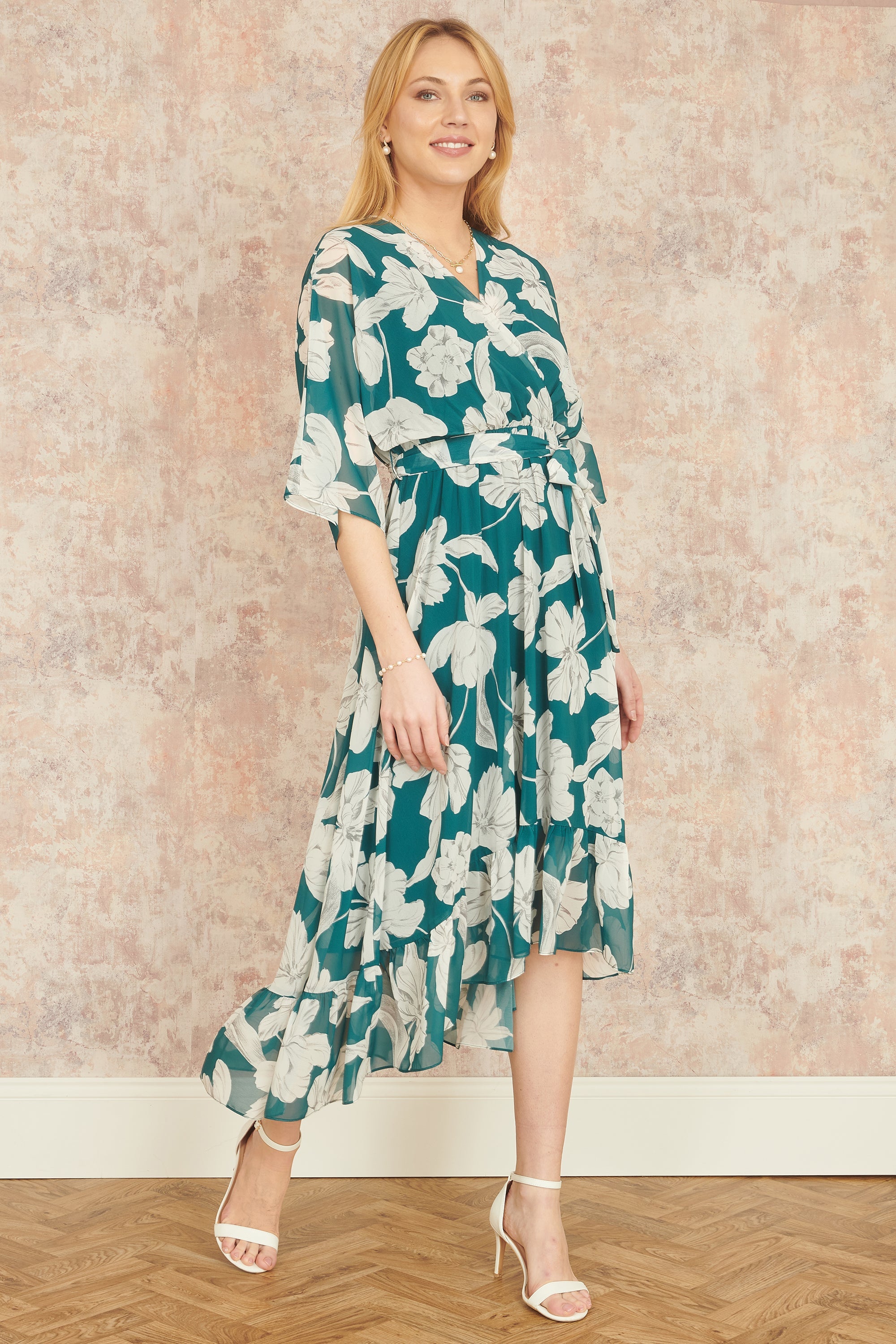 Yumi Green Kimono Sleeves Midi Dip Hem Wrap Midi Dress