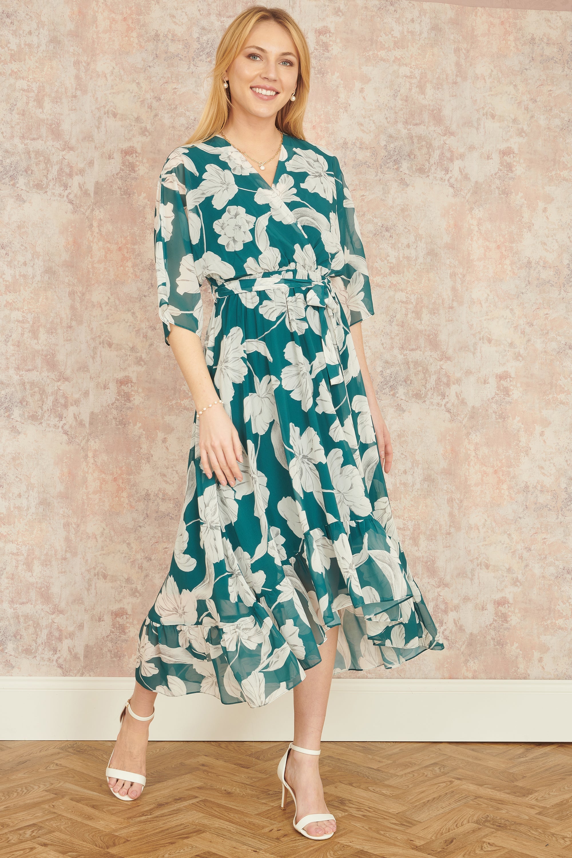 Yumi Green Kimono Sleeves Midi Dip Hem Wrap Midi Dress