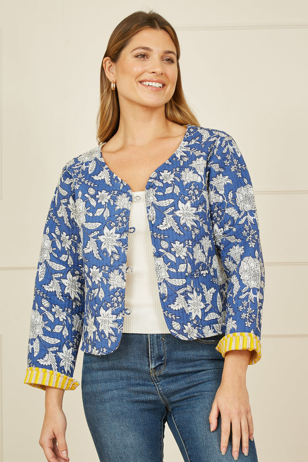Yumi Blue Floral Reversible Cotton Quilted Jacket