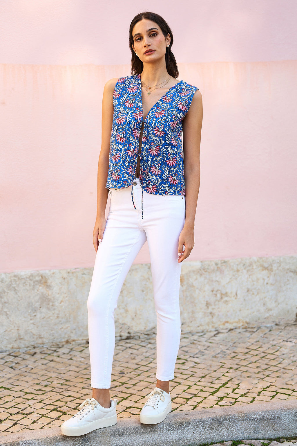 Yumi Blue Flower Reversible Cotton Quilted Waistcoat