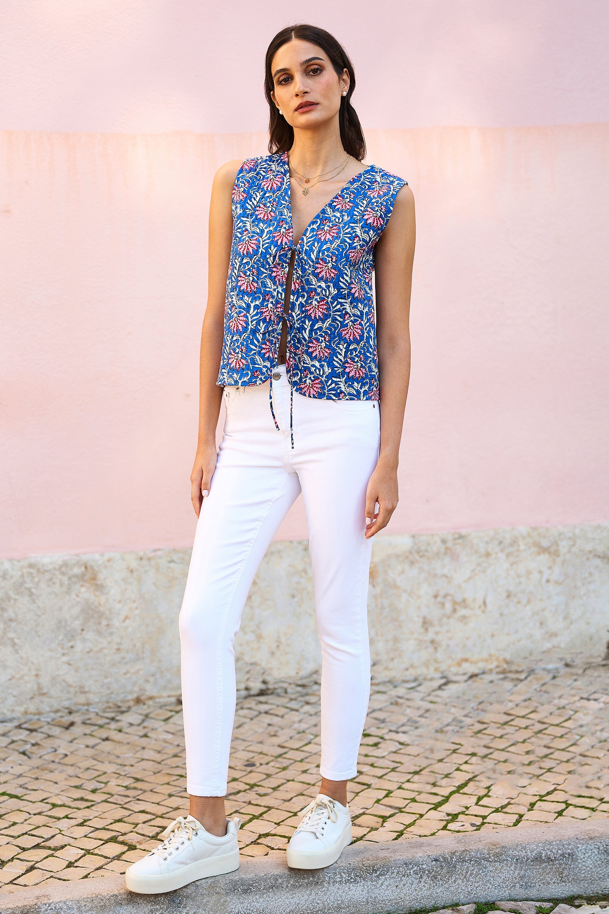 Yumi Blue Flower Reversible Cotton Quilted Waistcoat