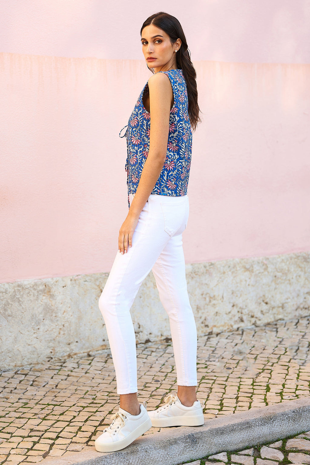 Yumi Blue Flower Reversible Cotton Quilted Waistcoat