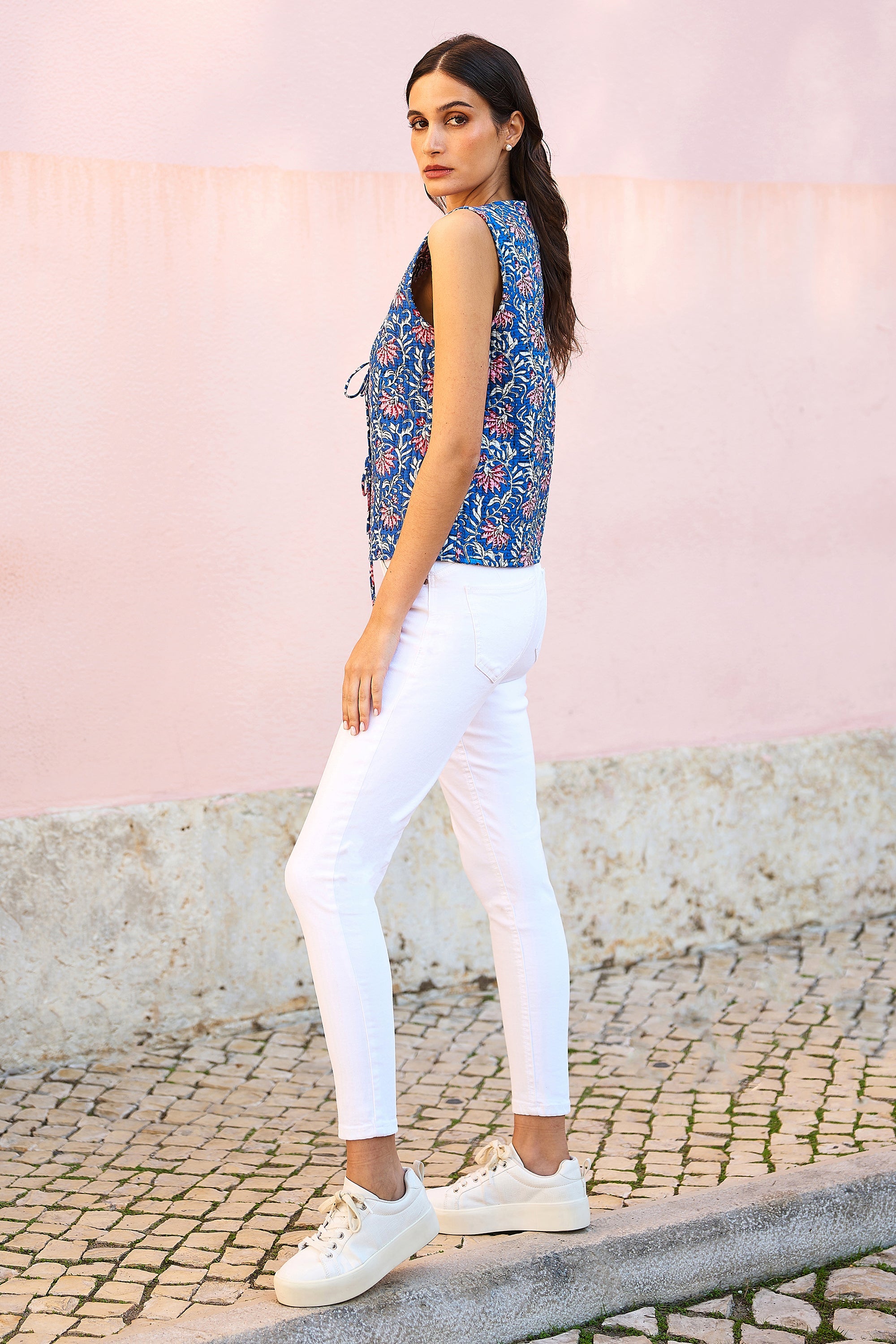 Yumi Blue Flower Reversible Cotton Quilted Waistcoat