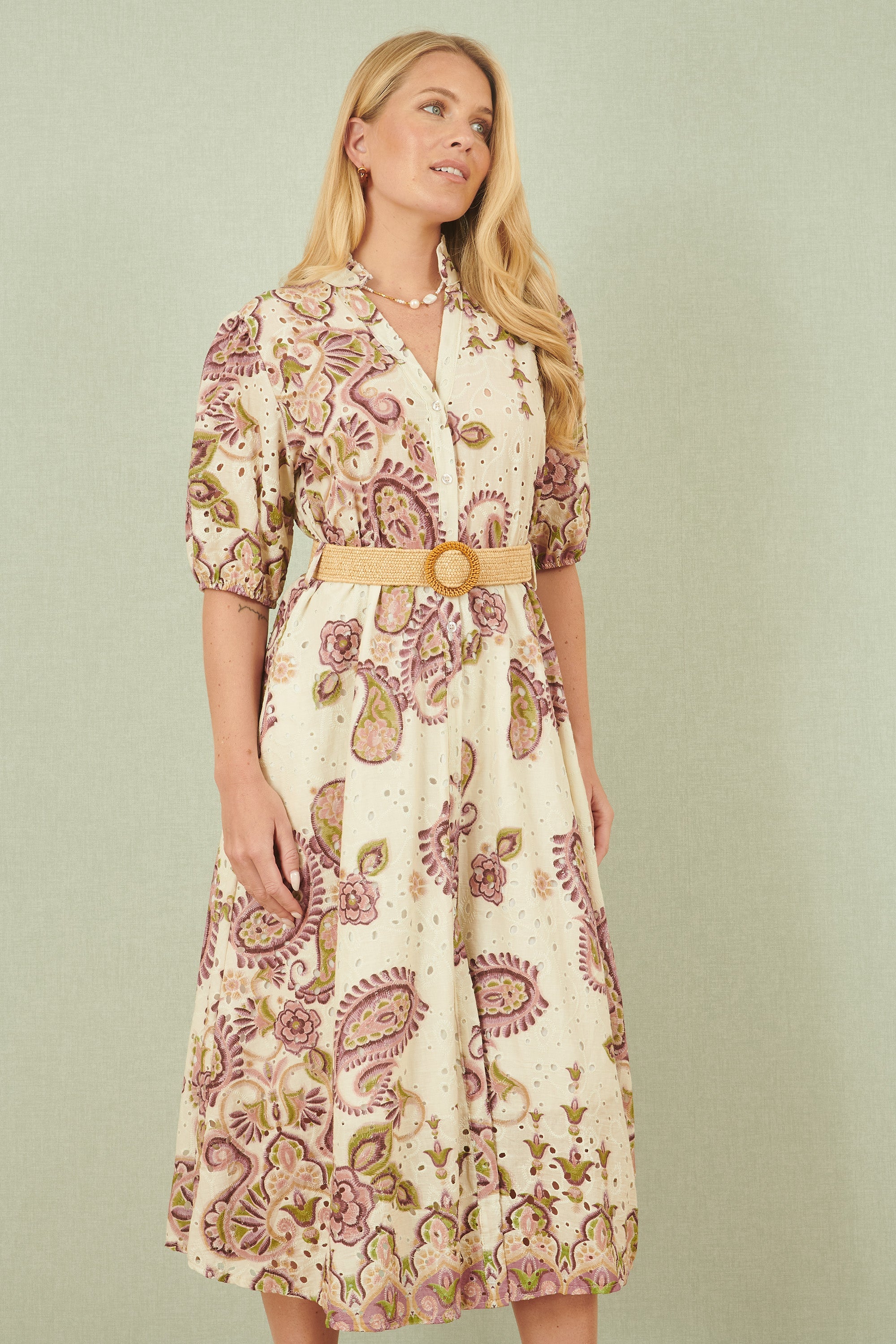 Yumi White Paisley Print Broderie Anglaise Cotton Midi Dress