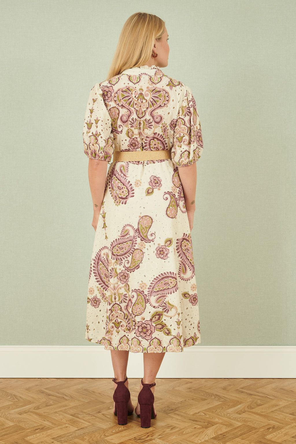 Yumi White Paisley Print Broderie Anglaise Cotton Midi Dress