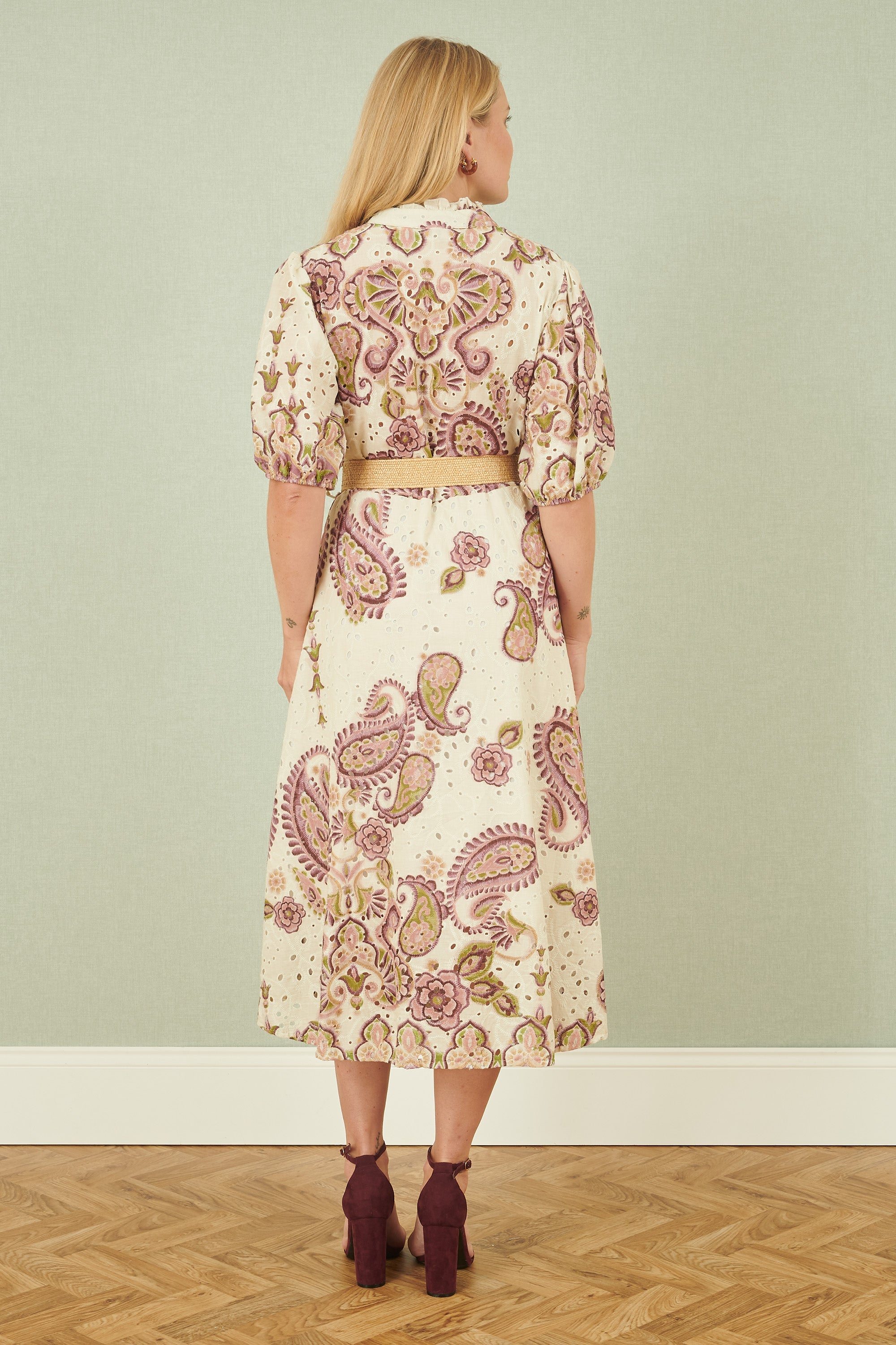 Yumi White Paisley Print Broderie Anglaise Cotton Midi Dress