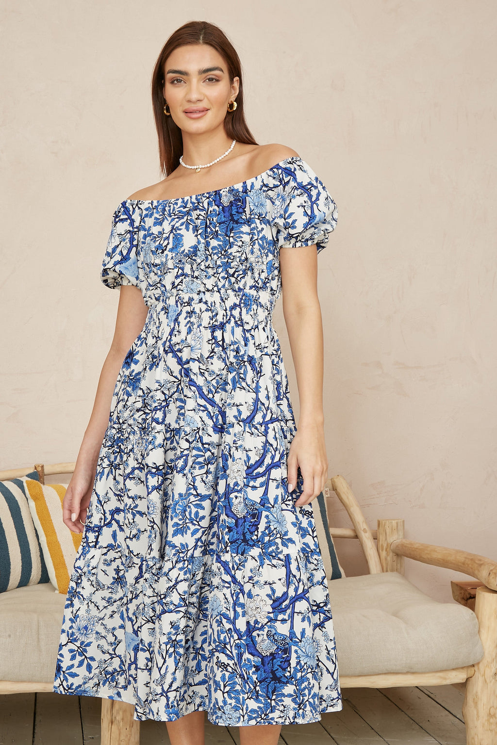 Yumi Blue Ruched Waist Bardot Blossom Tree Print Midi Dress