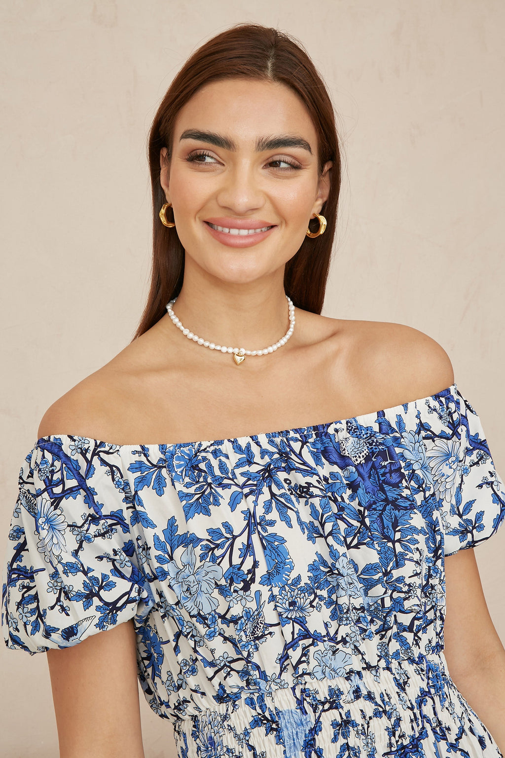 Yumi Blue Ruched Waist Bardot Blossom Tree Print Midi Dress