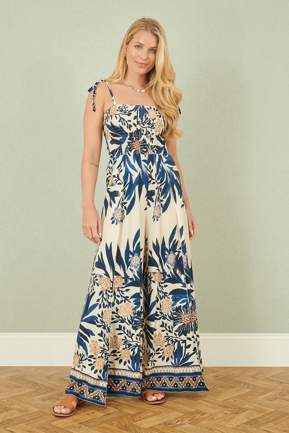 Yumi Navy Palm Print Strappy Viscose Jumpsuit